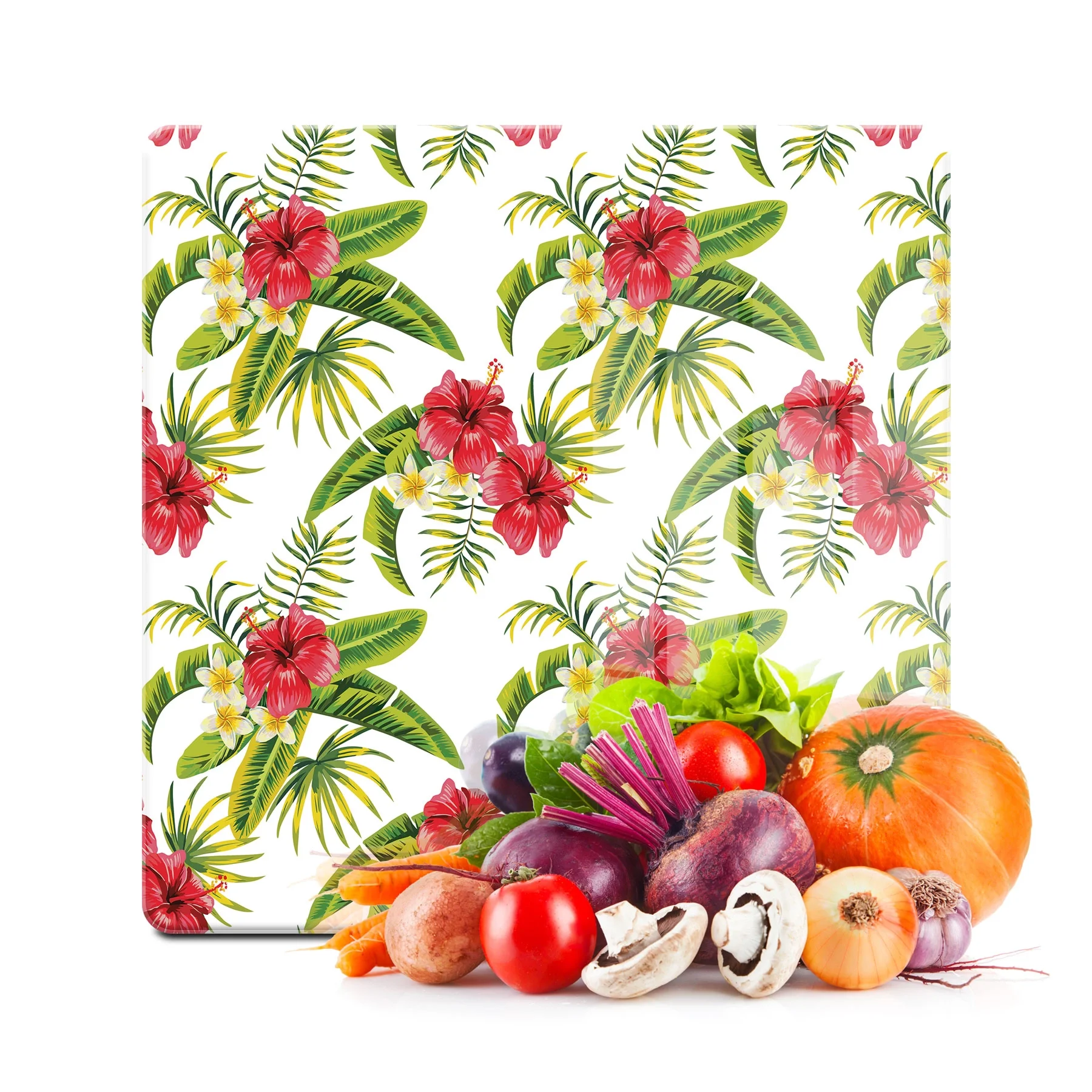 Decovetro Cam Kesme Tahtası ve Sunumluk Kare Yeşil Çiçek Desenli 30x30 Cm