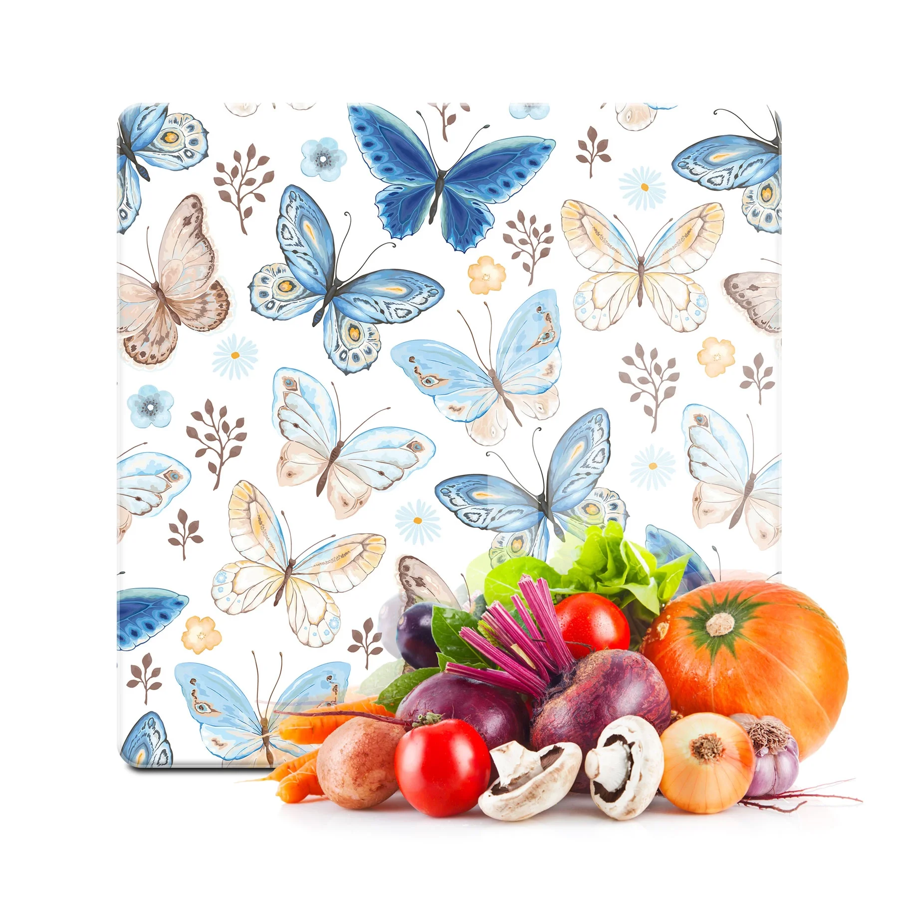 Decovetro Cam Kesme Tahtası ve Sunumluk Kare Mavi Kelebek Desenli 30x30 Cm