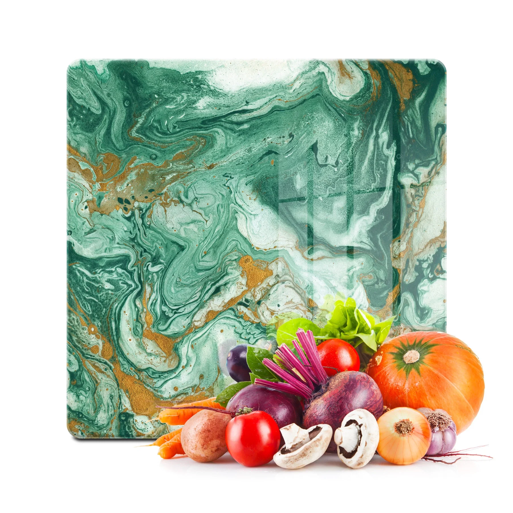 Decovetro Cam Kesme Tahtası ve Sunumluk Kare Yeşil Gold Mermer Desenli 30x30 Cm