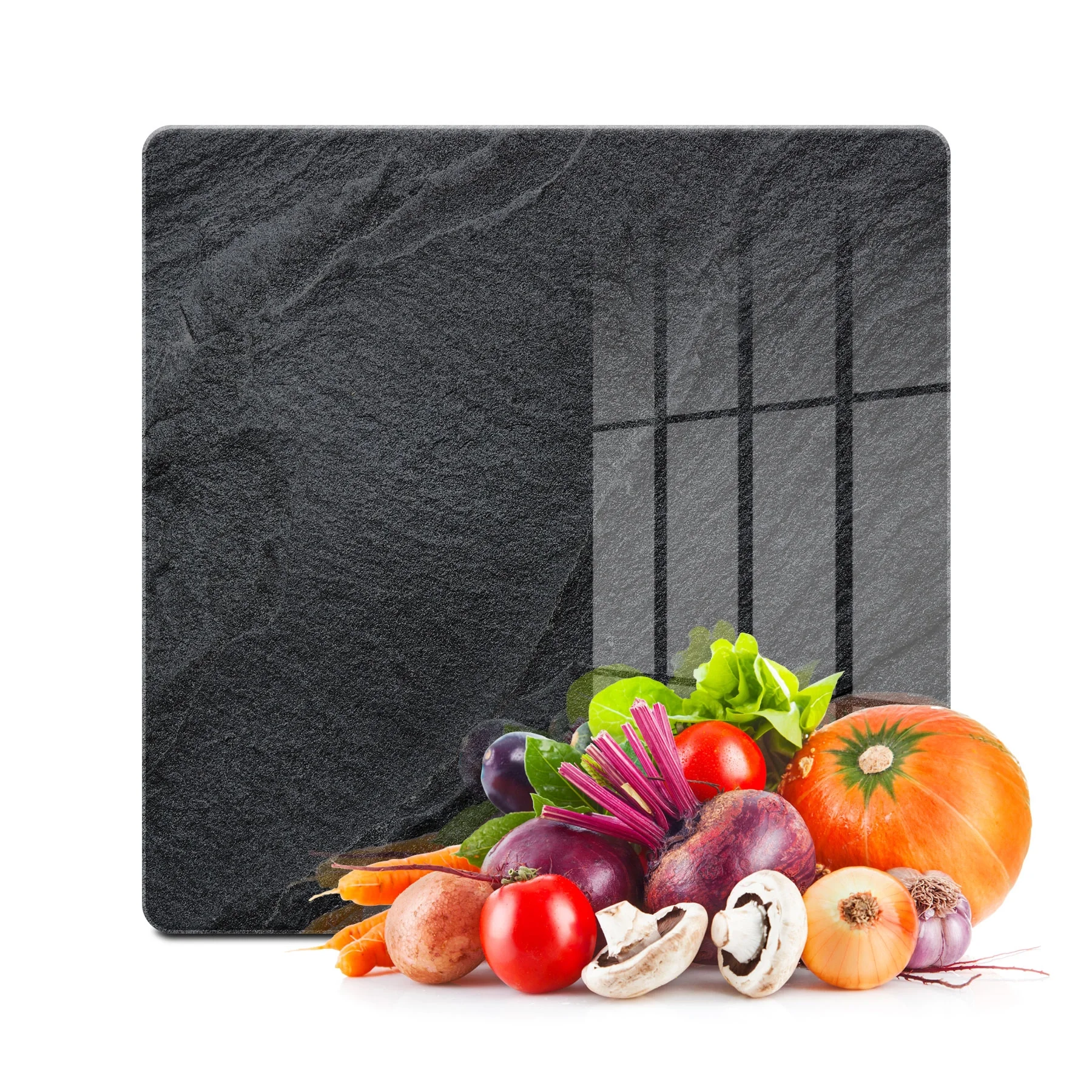 Decovetro Cam Kesme Tahtası ve Sunumluk Kare Siyah Taş Desenli 30x30 Cm