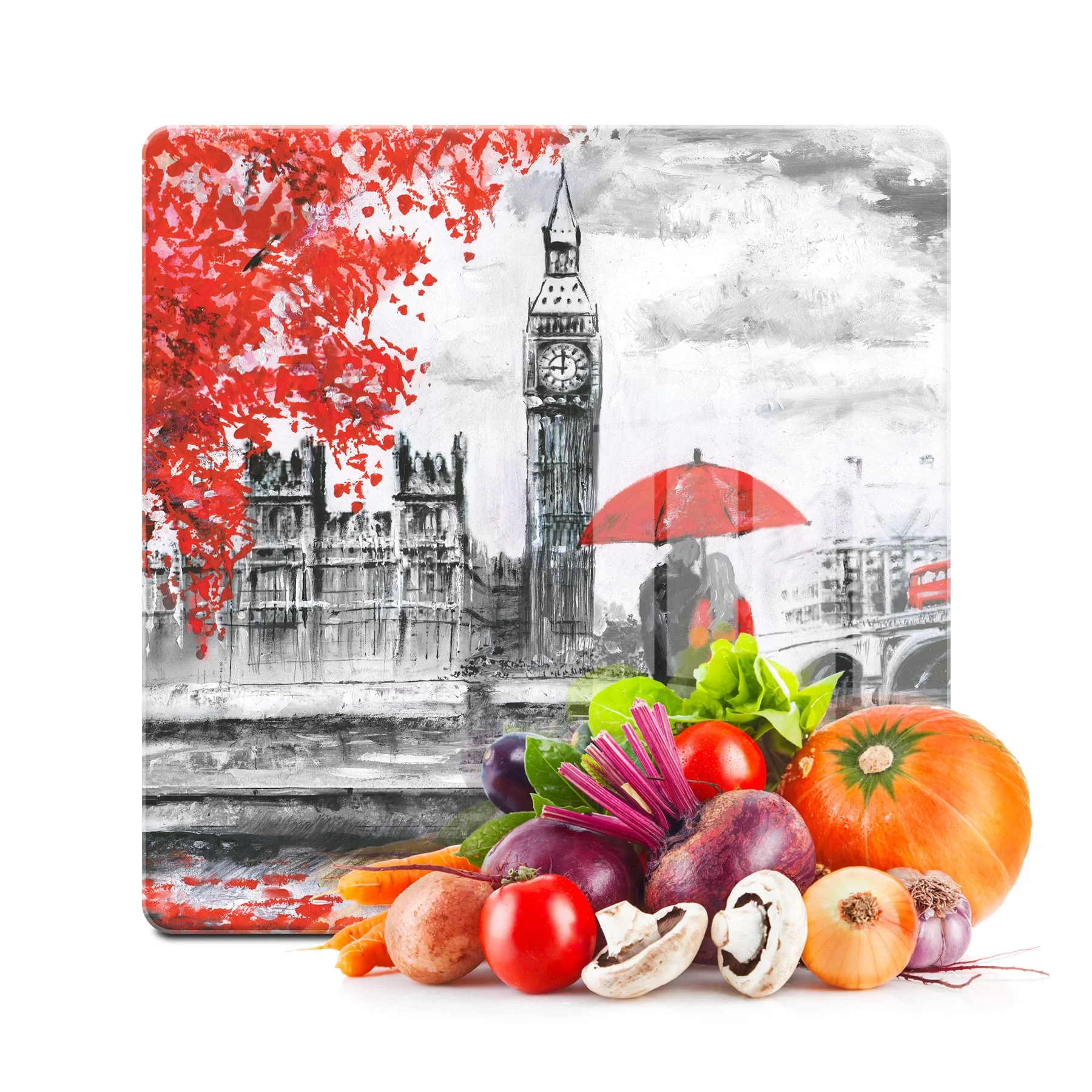 Decovetro Cam Kesme Tahtası ve Sunumluk Kare Love London Desenli 30x30 Cm