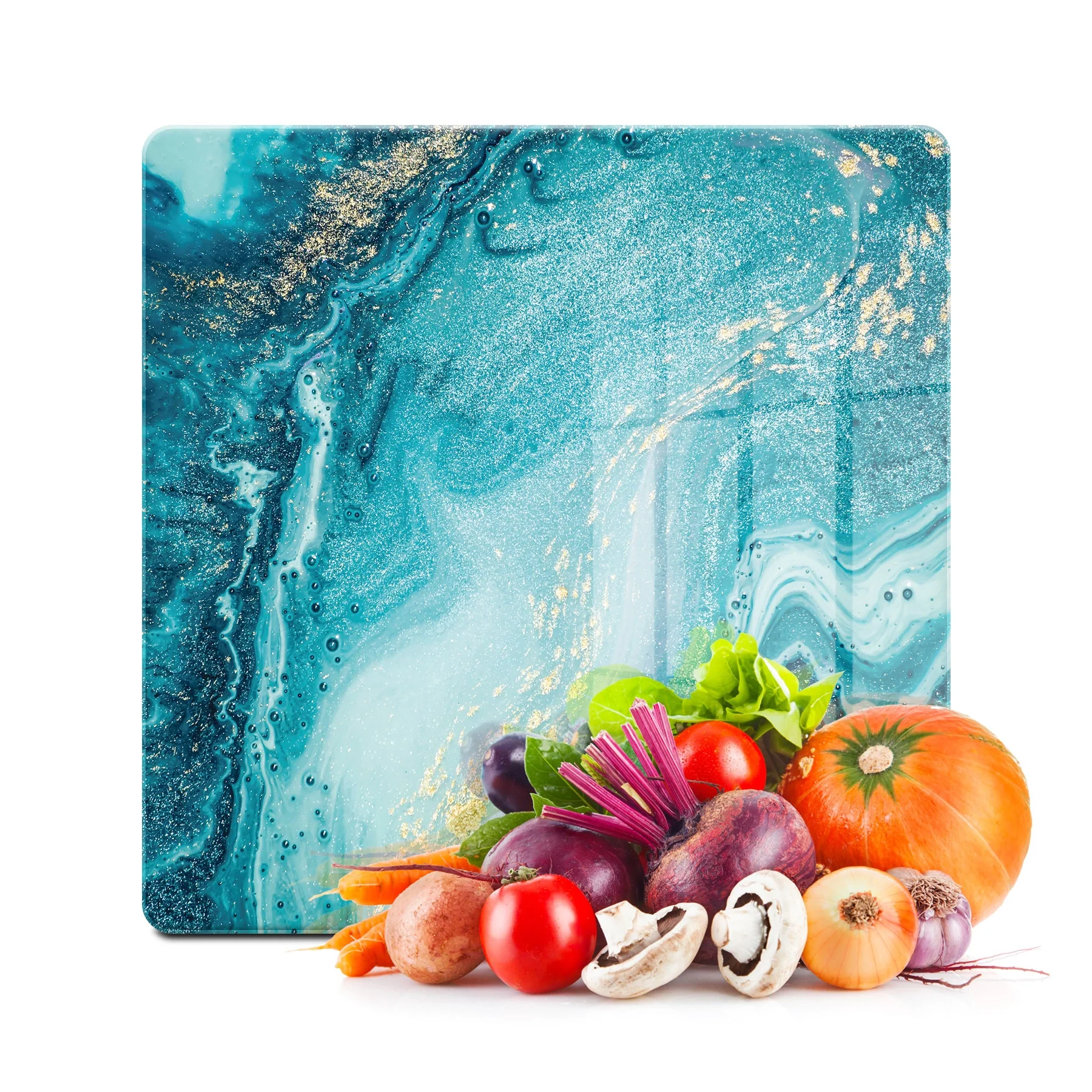 Decovetro Cam Kesme Tahtası ve Sunumluk Kare Mavi Mermer Desenli 30x30 Cm