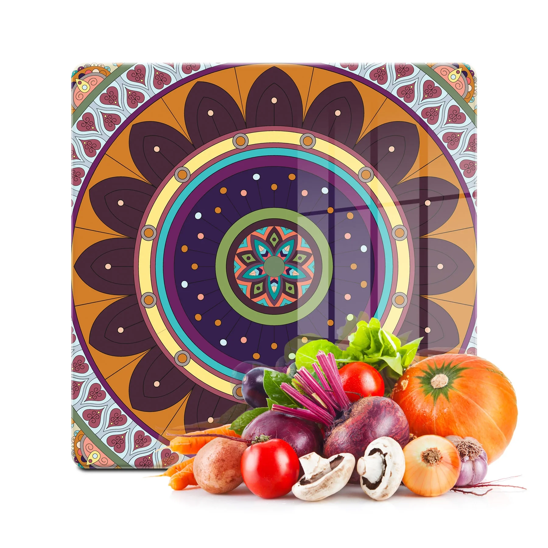 Decovetro Cam Kesme Tahtası ve Sunumluk Kare Mandala 1 Desenli 30x30 Cm