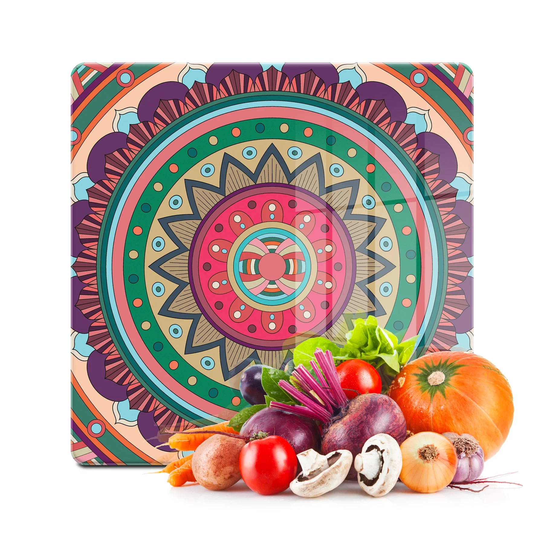 Decovetro Cam Kesme Tahtası ve Sunumluk Kare Mandala 5 Desenli 30x30 Cm