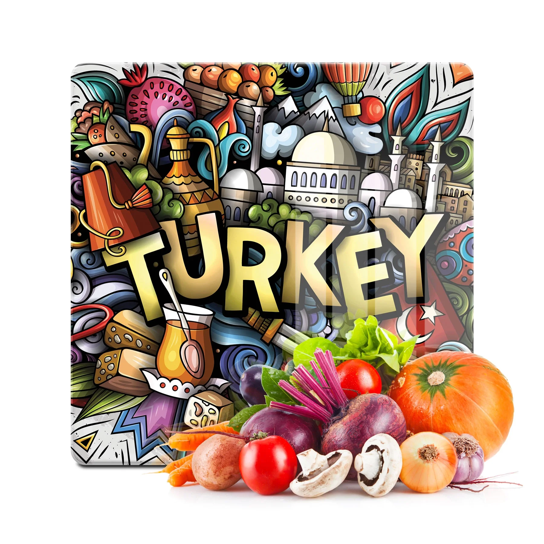 Decovetro Cam Kesme Tahtası ve Sunumluk Kare Turkey Desenli 30x30 Cm