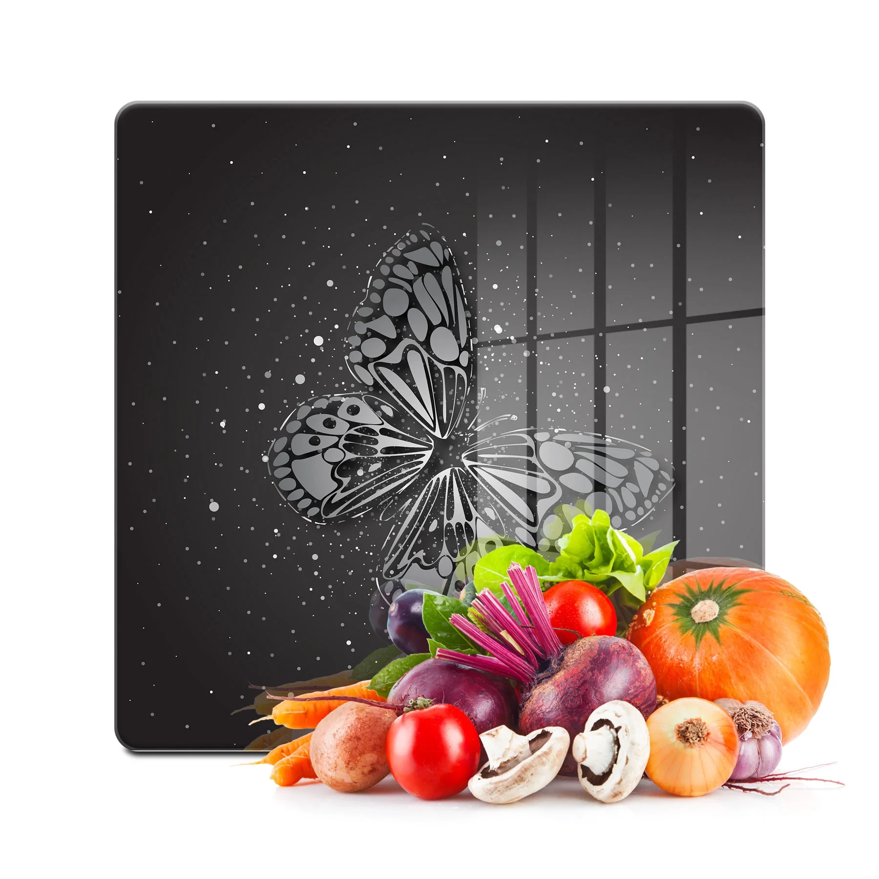 Decovetro Cam Kesme Tahtası ve Sunumluk Kare Black Kelebek Desenli 30x30 Cm