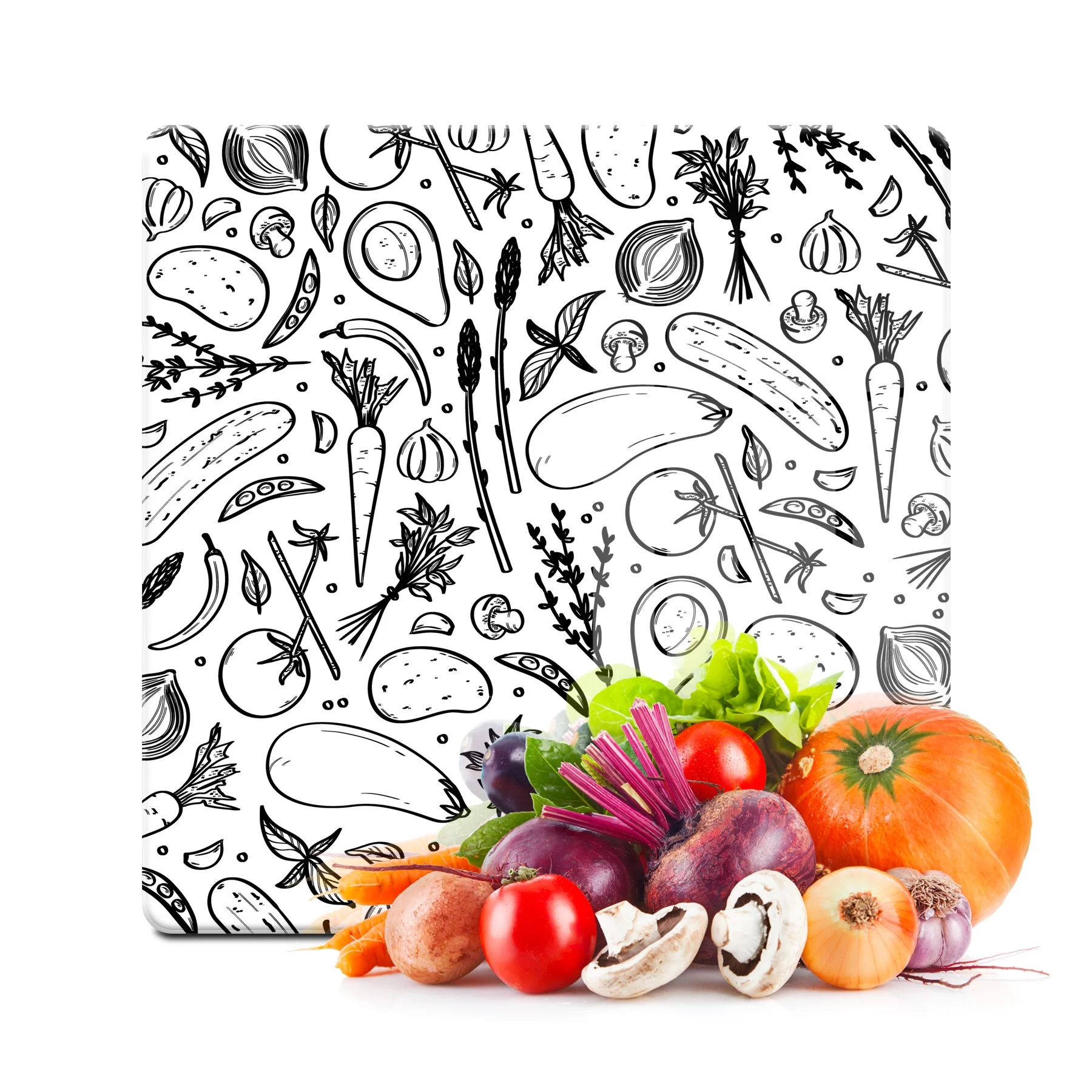Decovetro Cam Kesme Tahtası ve Sunumluk Kare Siyah Beyaz Sebze Desenli 30x30 Cm