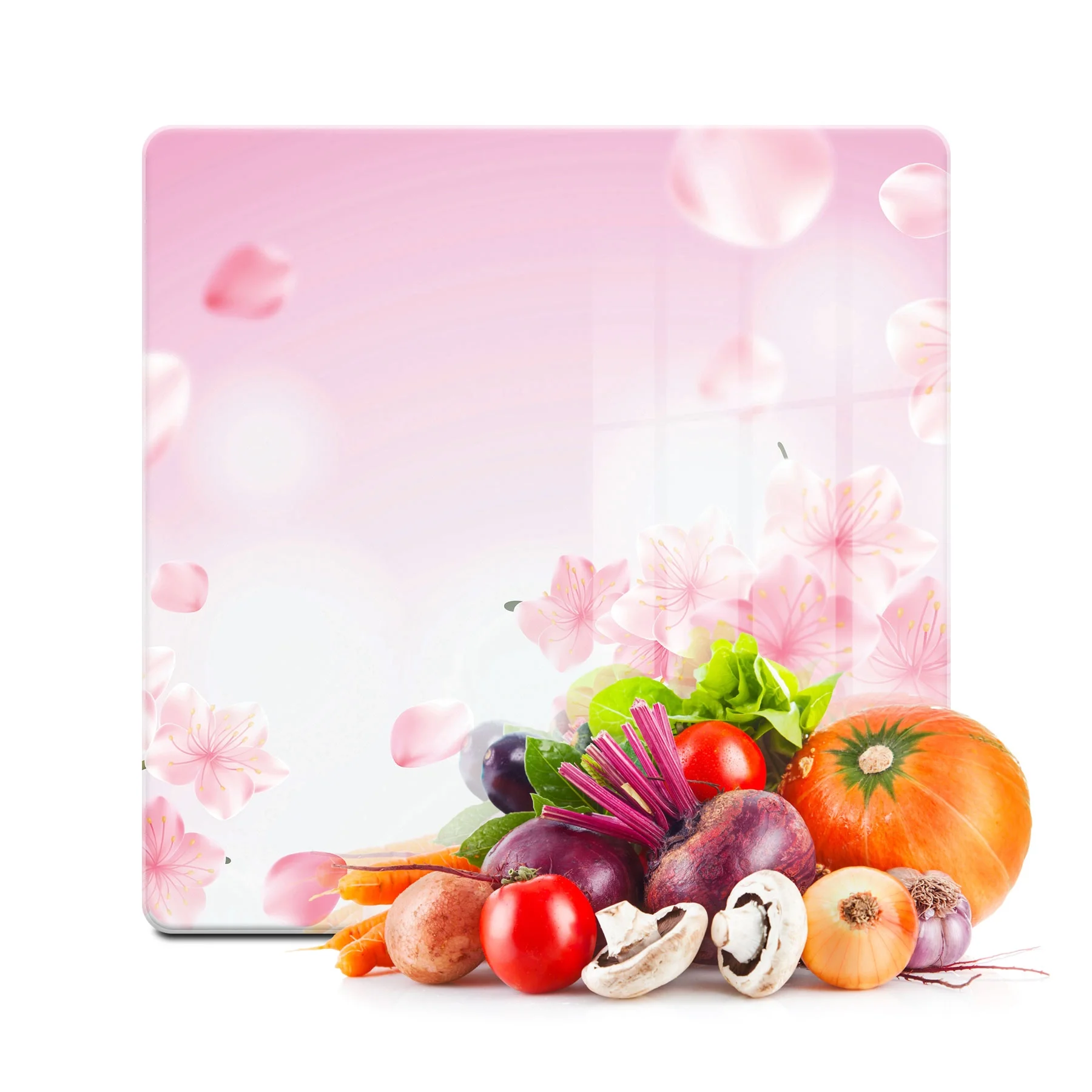Decovetro Cam Kesme Tahtası ve Sunumluk Kare Pembe Çiçek Bulutu Desenli 30x30 Cm