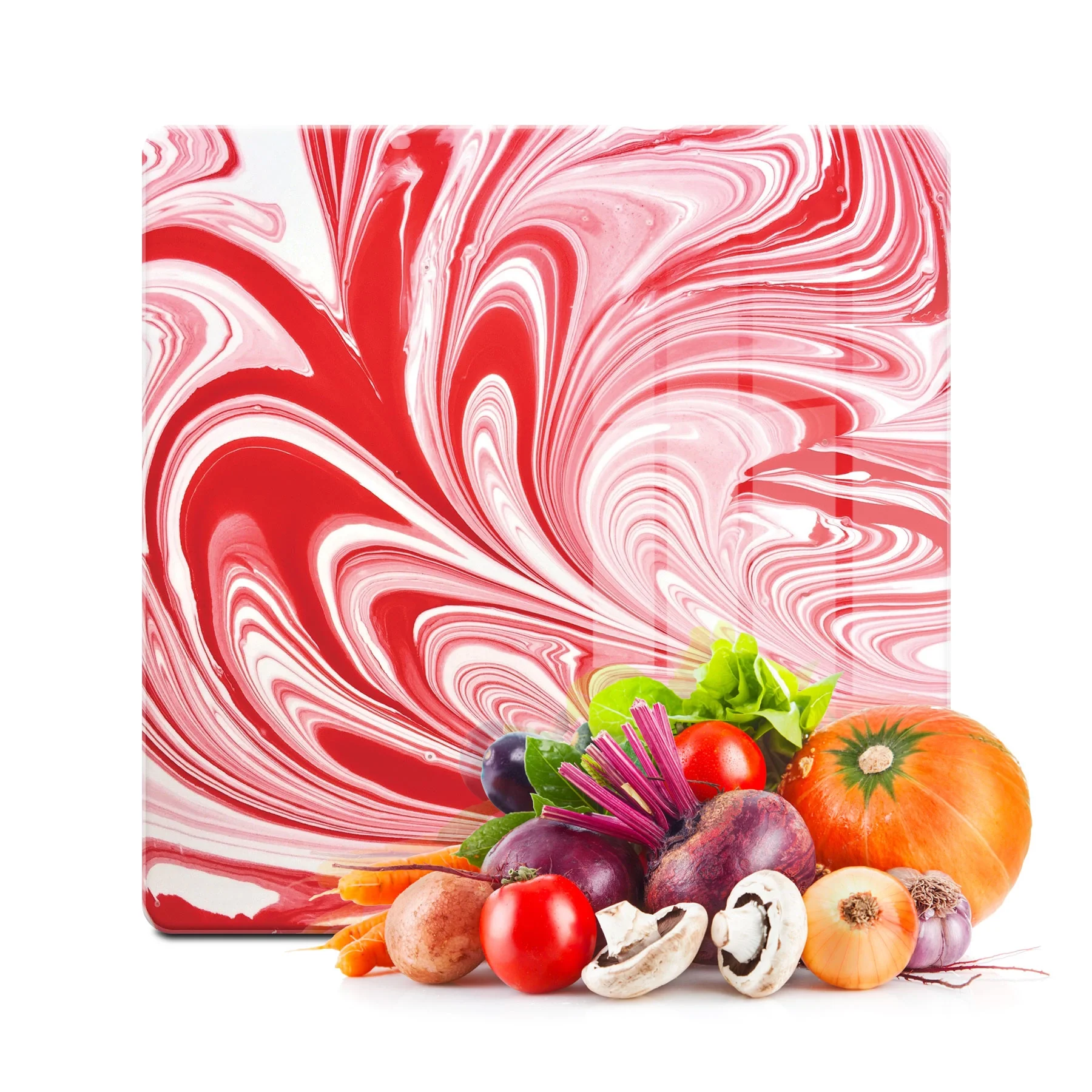 Decovetro Cam Kesme Tahtası ve Sunumluk Kare Kırmızı Ebru Desenli 30x30 Cm