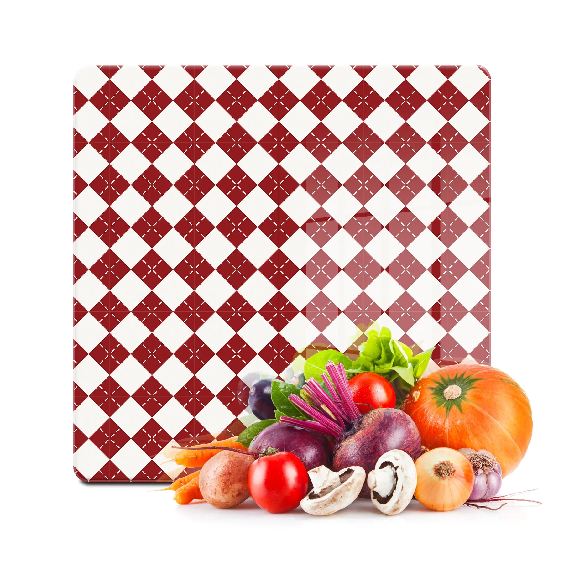 Decovetro Cam Kesme Tahtası ve Sunumluk Kare Kırmızı Baklava Desenli 30x30 Cm