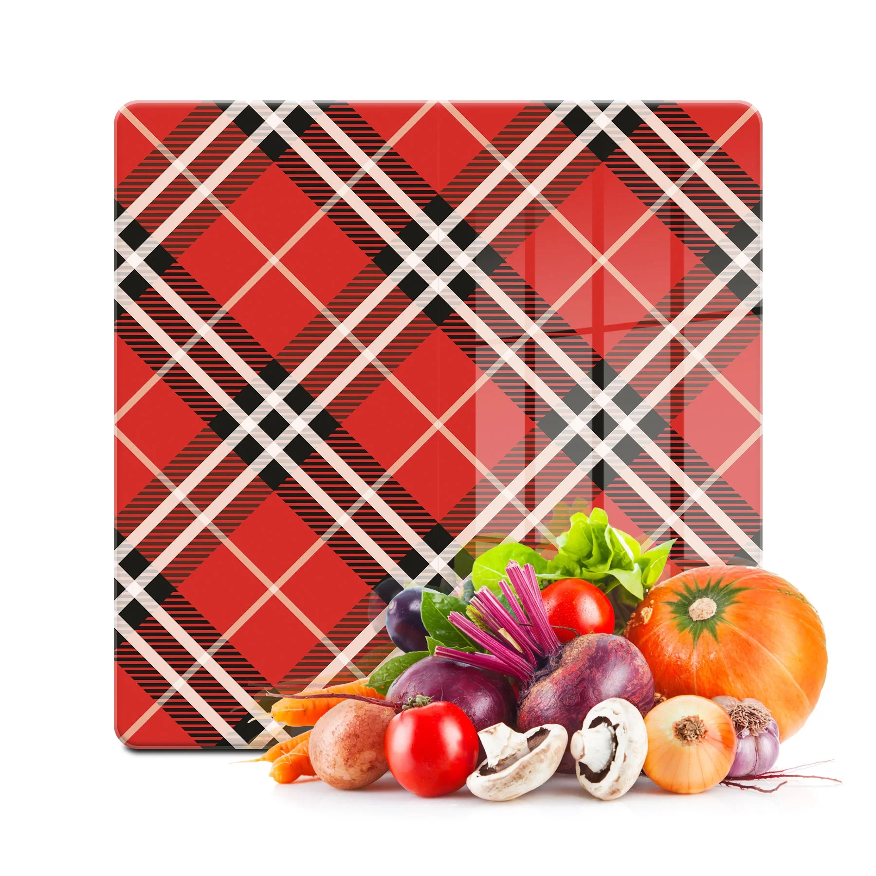 Decovetro Cam Kesme Tahtası ve Sunumluk Kare Kırmızı Ekose Desenli 30x30 Cm