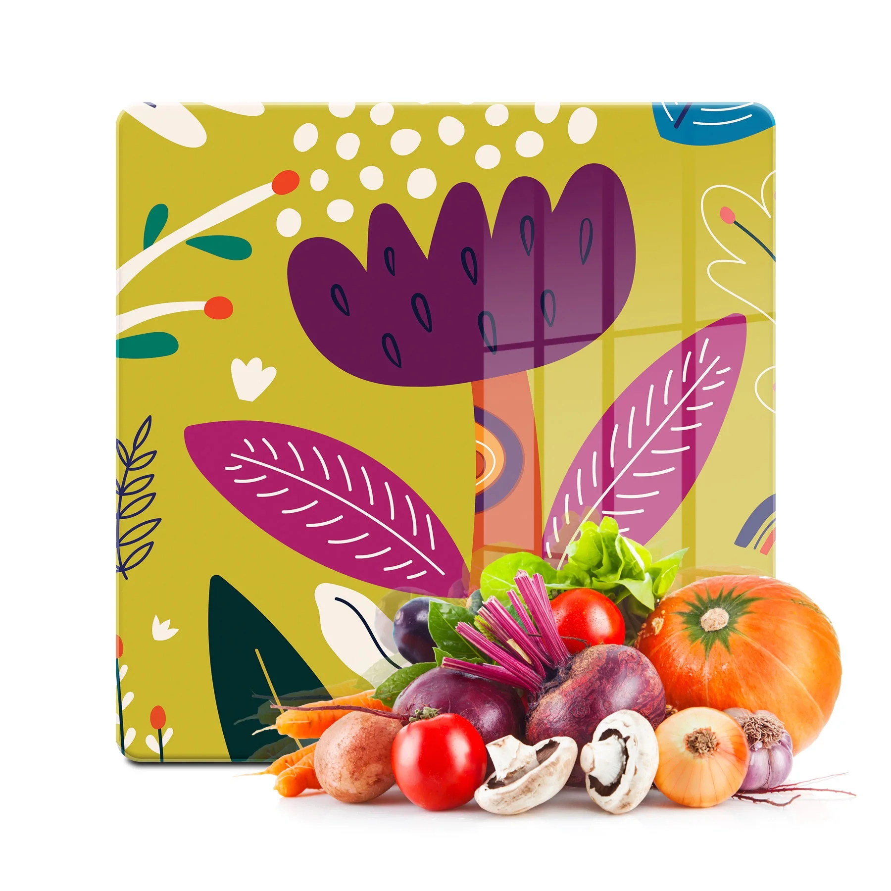 Decovetro Cam Kesme Tahtası ve Sunumluk Kare Renkli Çiçek Desenli 30x30 Cm
