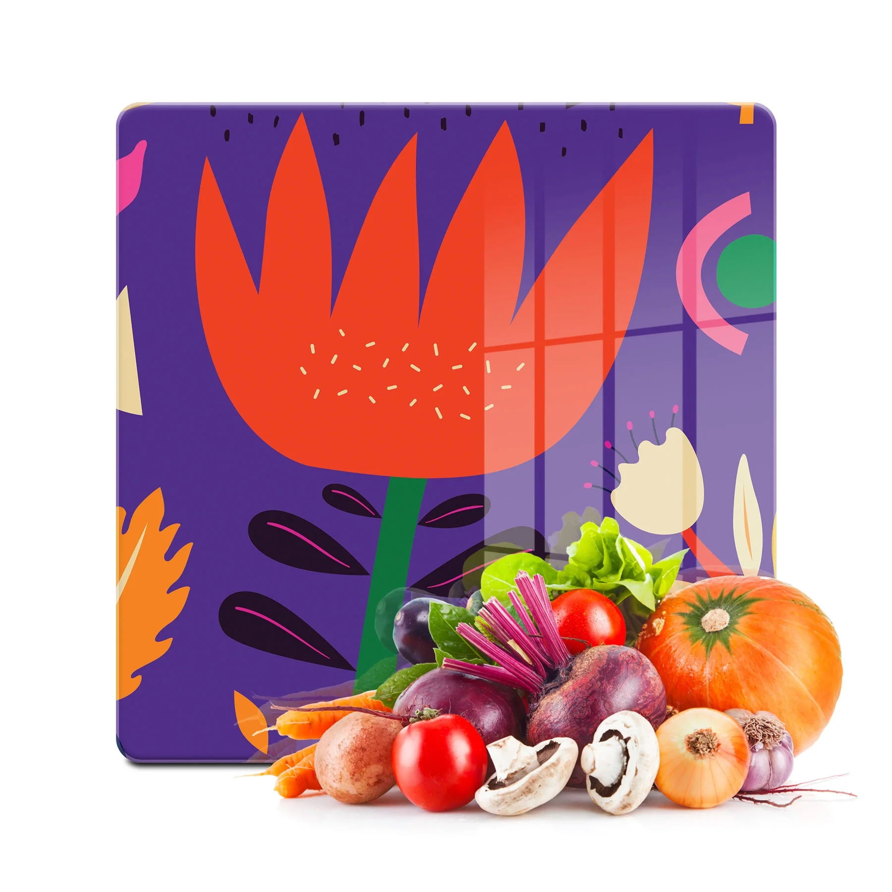 Decovetro Cam Kesme Tahtası ve Sunumluk Kare Renkli Lale Çiçek Desenli 30x30 Cm