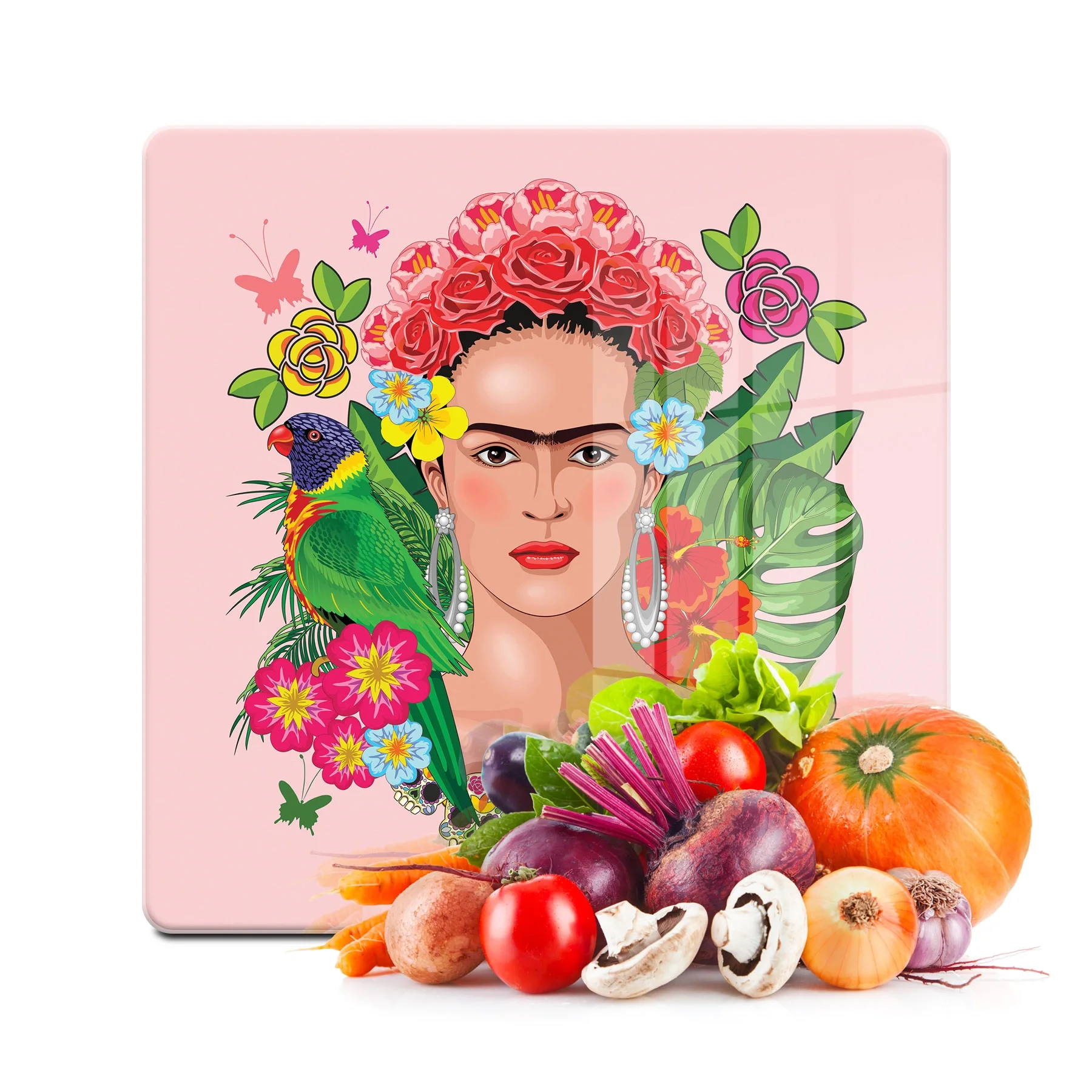 Decovetro Cam Kesme Tahtası ve Sunumluk Kare Pembe Kadın Desenli 30x30 Cm