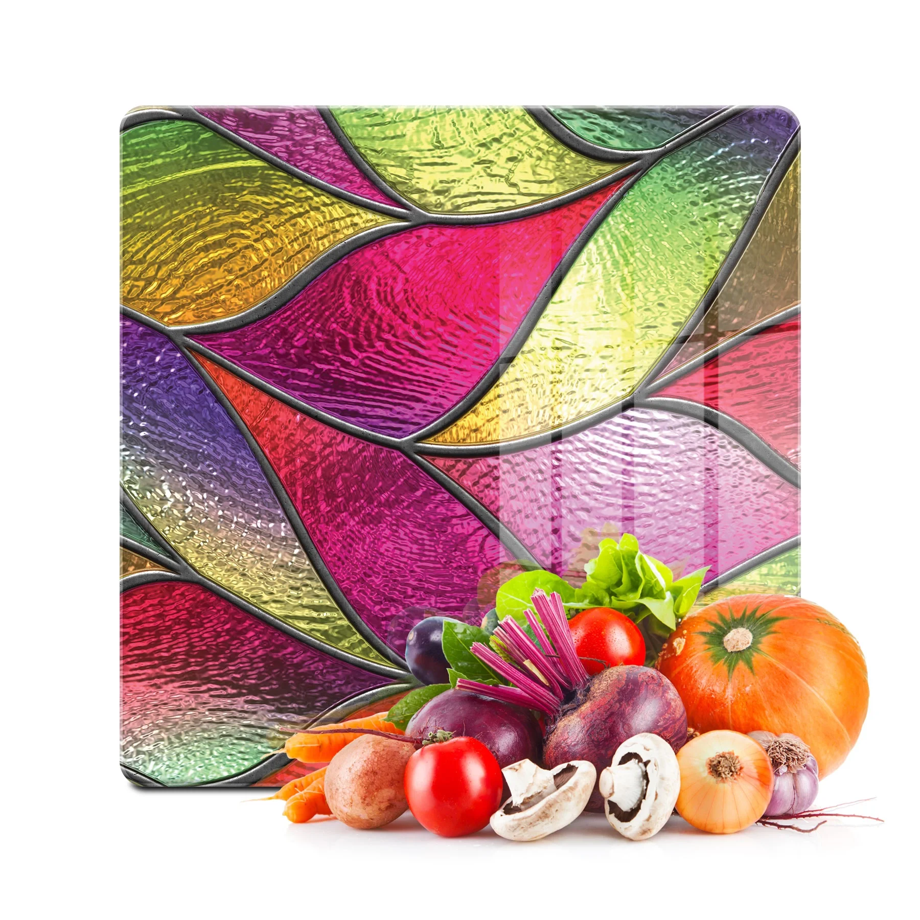 Decovetro Cam Kesme Tahtası ve Sunumluk Kare Yaprak Vitray Desenli 30x30 Cm
