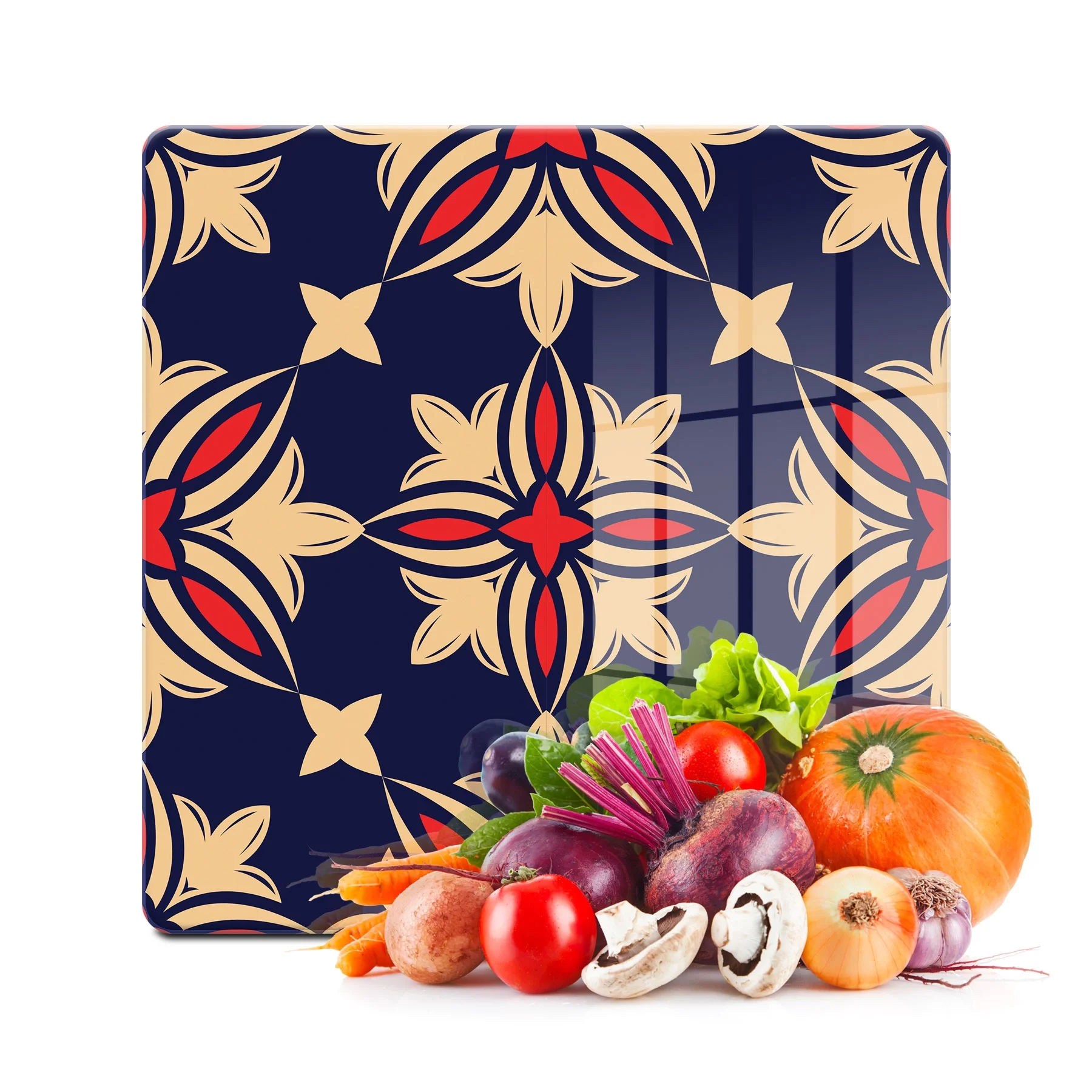 Decovetro Cam Kesme Tahtası ve Sunumluk Kare Lacivert Çini Desenli 30x30 Cm