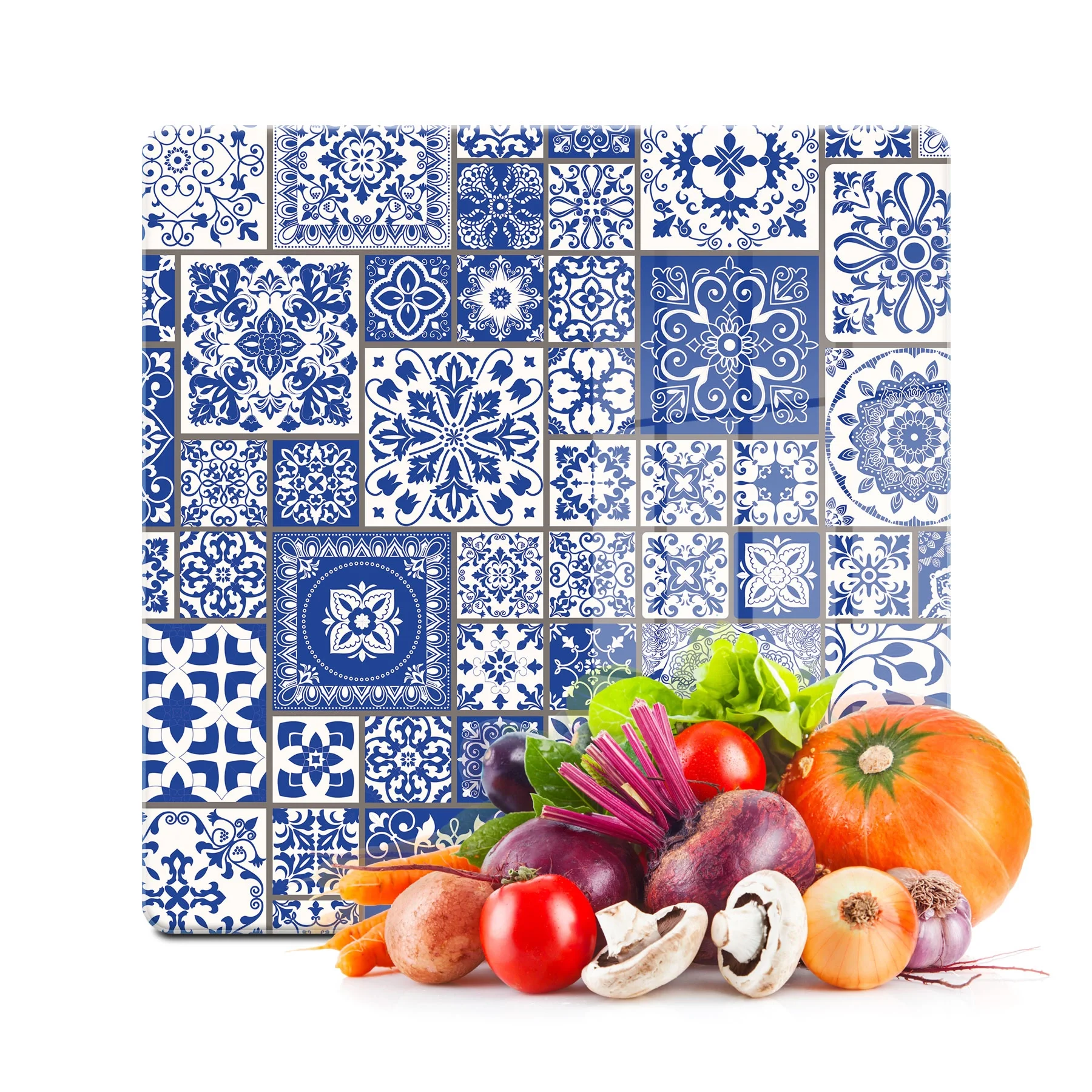 Decovetro Cam Kesme Tahtası ve Sunumluk Kare Mavi Çini Kare Desenli 30x30 Cm