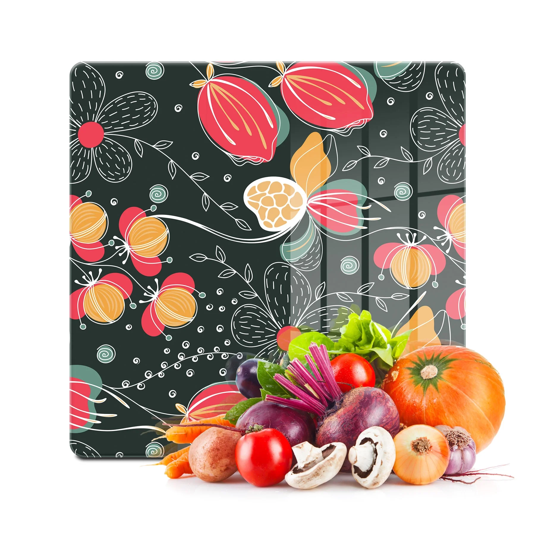 Decovetro Cam Kesme Tahtası ve Sunumluk Kare Çiçek Desenli 30x30 Cm