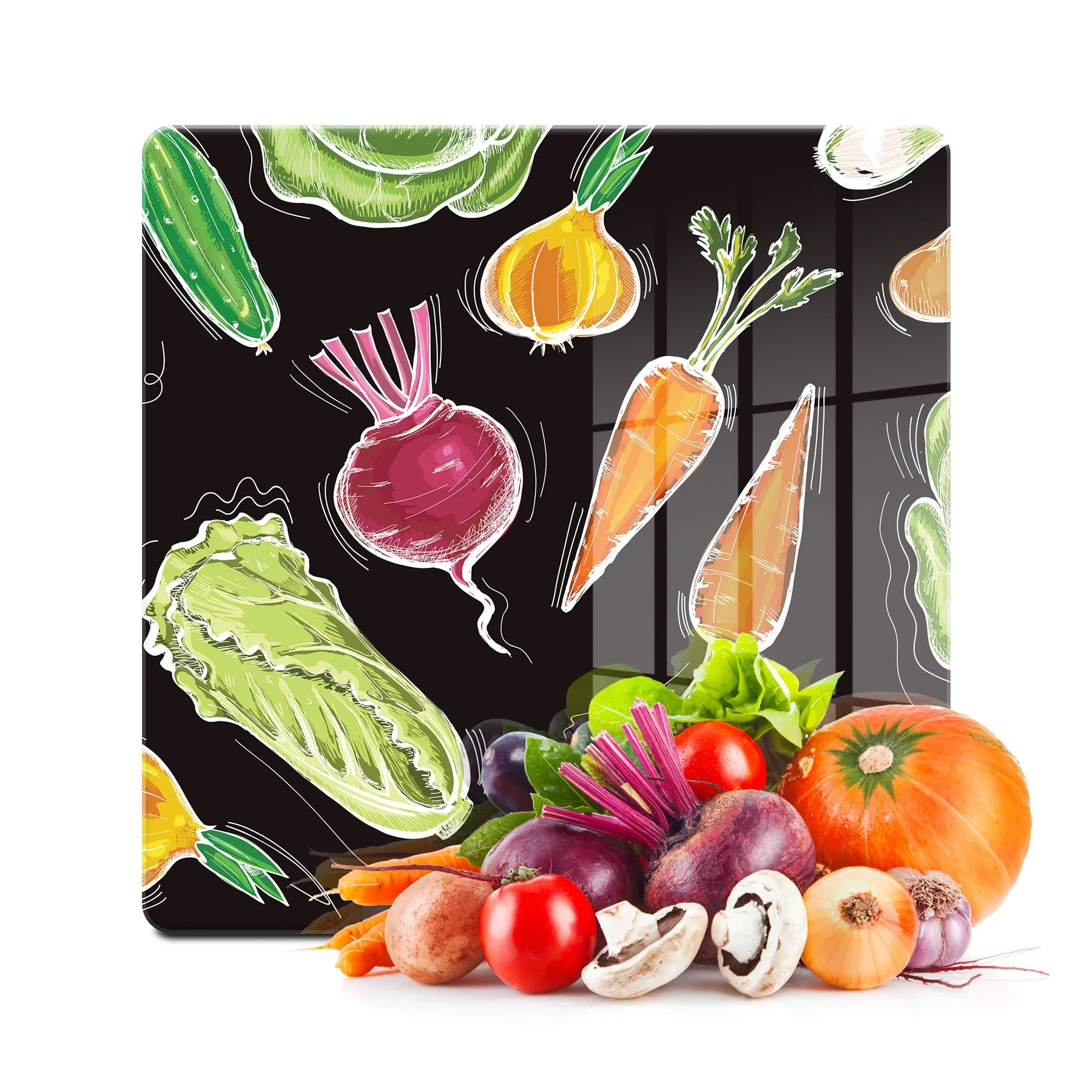 Decovetro Cam Kesme Tahtası ve Sunumluk Kare Sebze Desenli 30x30 Cm
