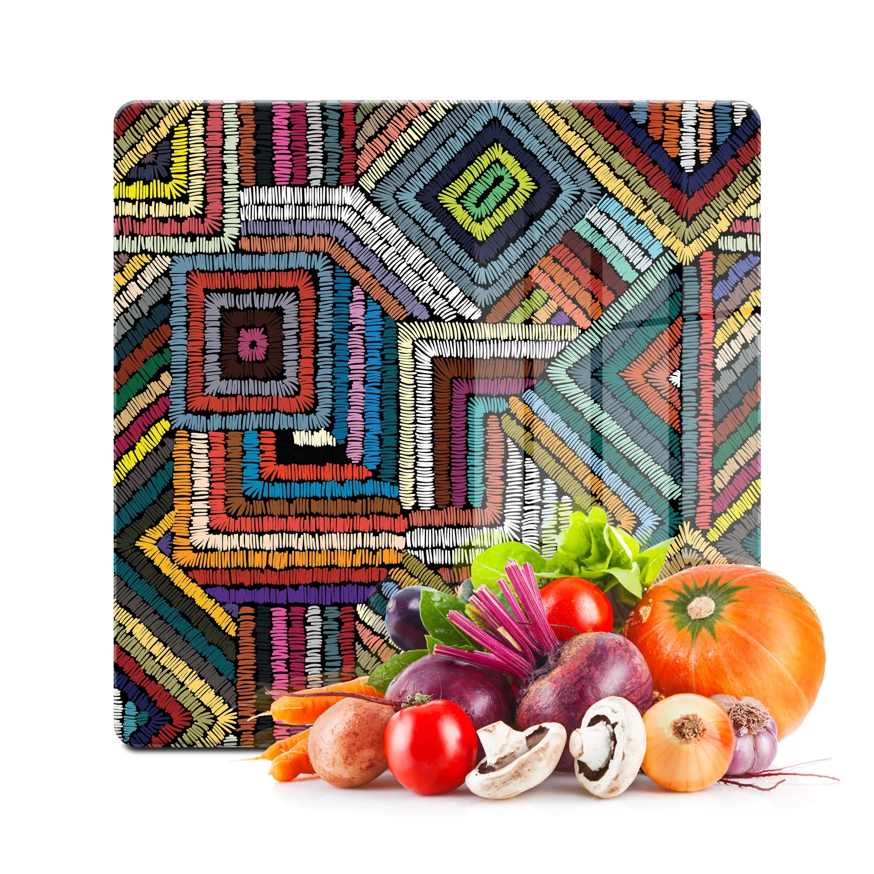 Decovetro Cam Kesme Tahtası ve Sunumluk Kare Renkli Çizgi Desenli 30x30 Cm