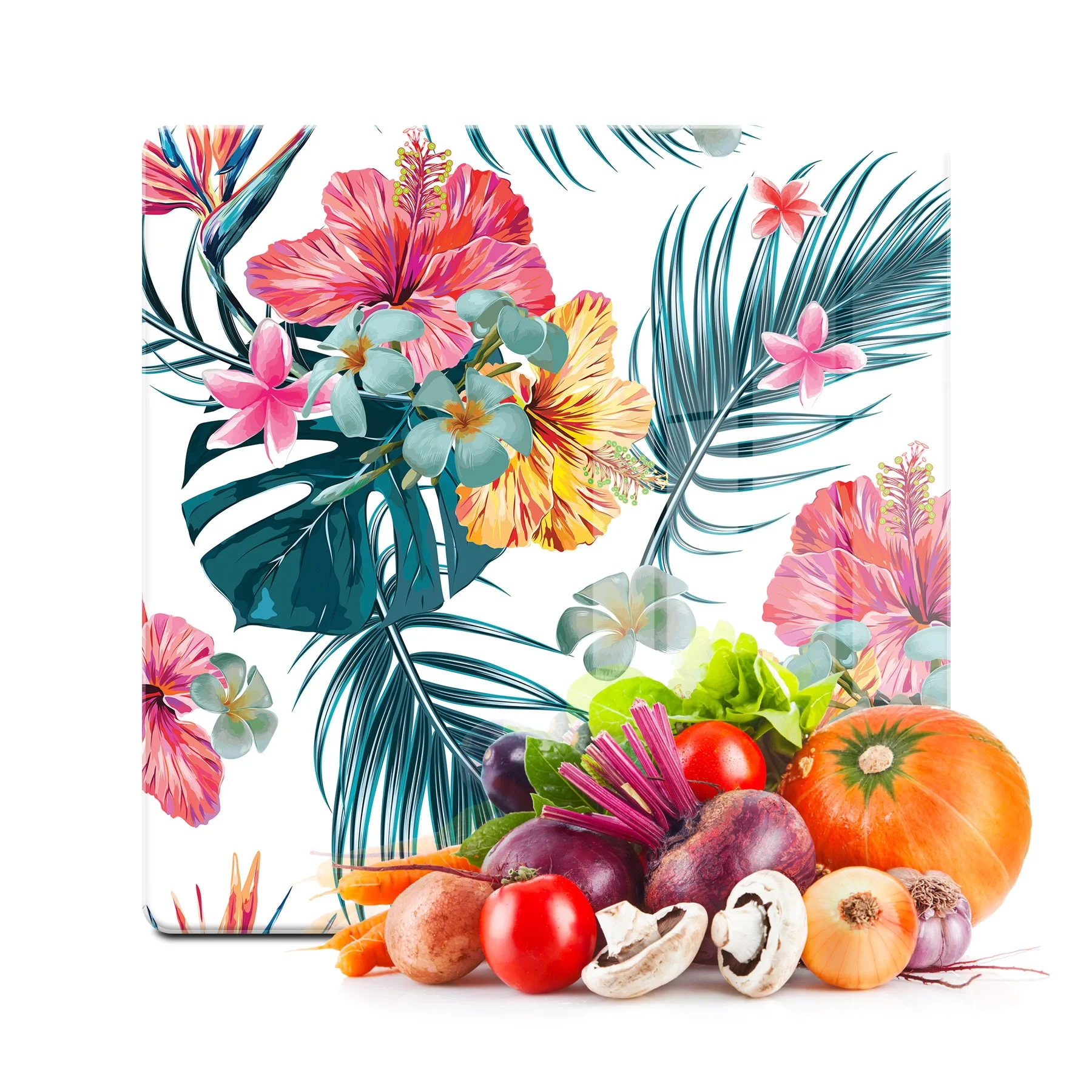 Decovetro Cam Kesme Tahtası ve Sunumluk Kare Karışık Çiçek Desenli 30x30 Cm