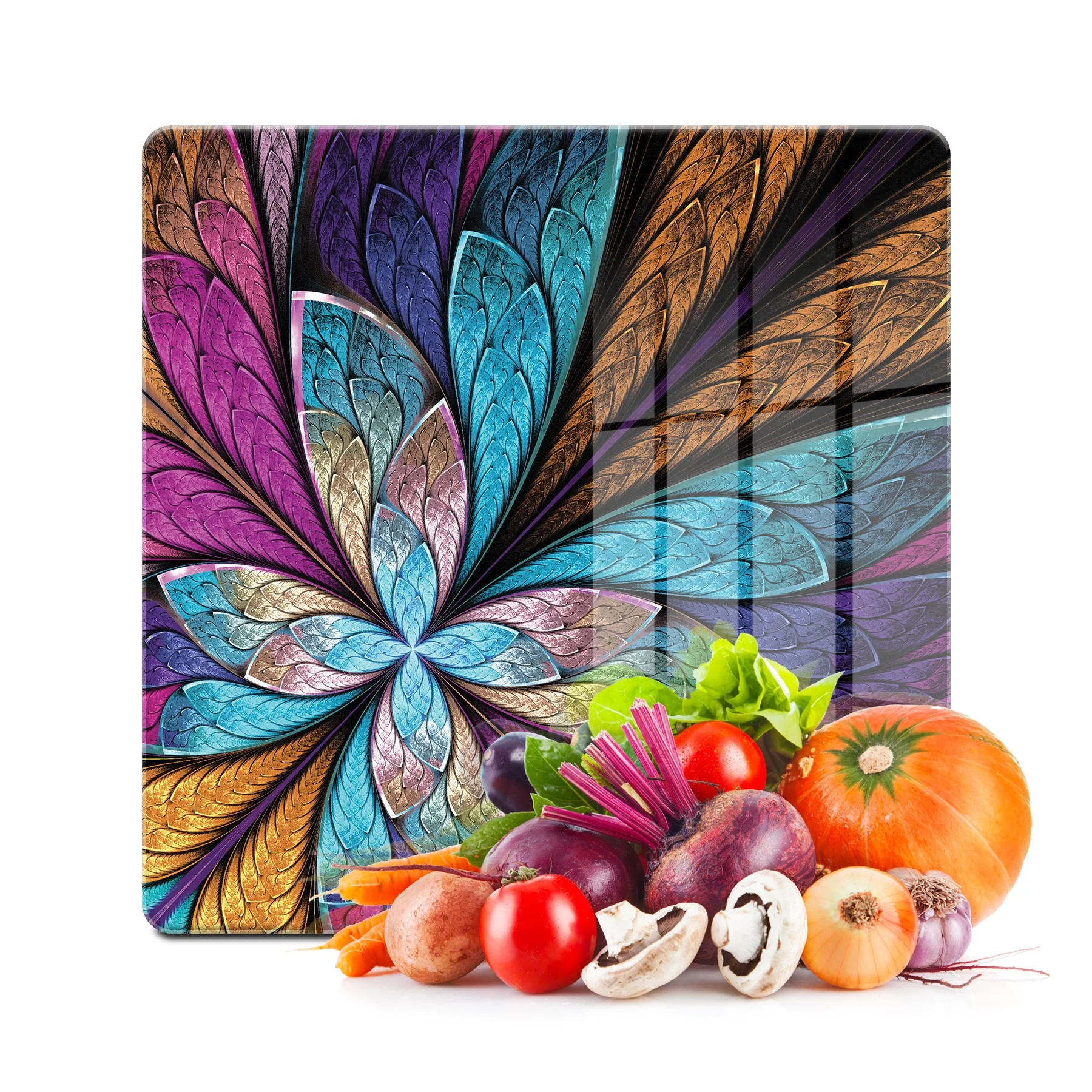 Decovetro Cam Kesme Tahtası ve Sunumluk Kare Çiçek Kanat Desenli 30x30 Cm