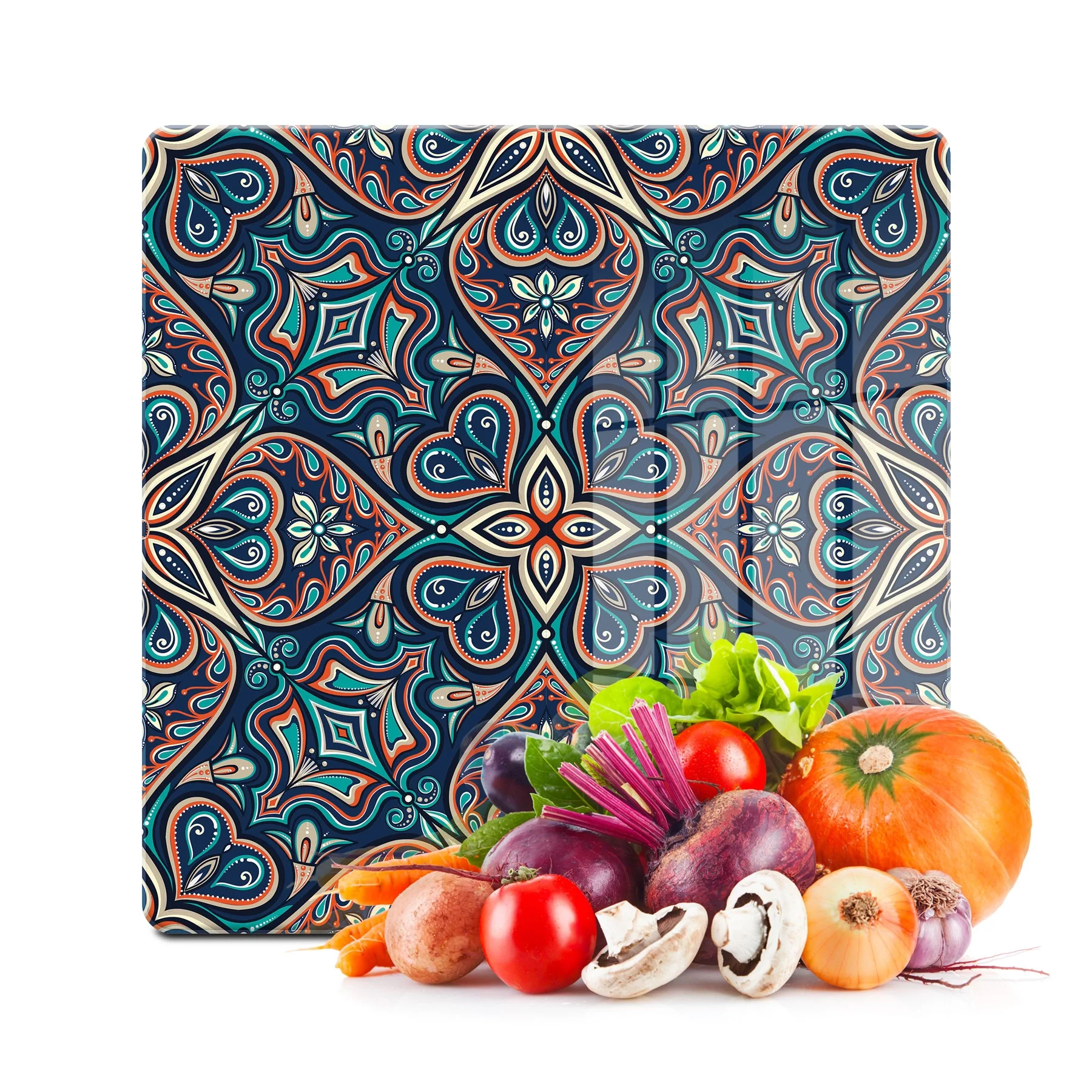 Decovetro Cam Kesme Tahtası ve Sunumluk Kare Yeşil Çini Desenli 30x30 Cm