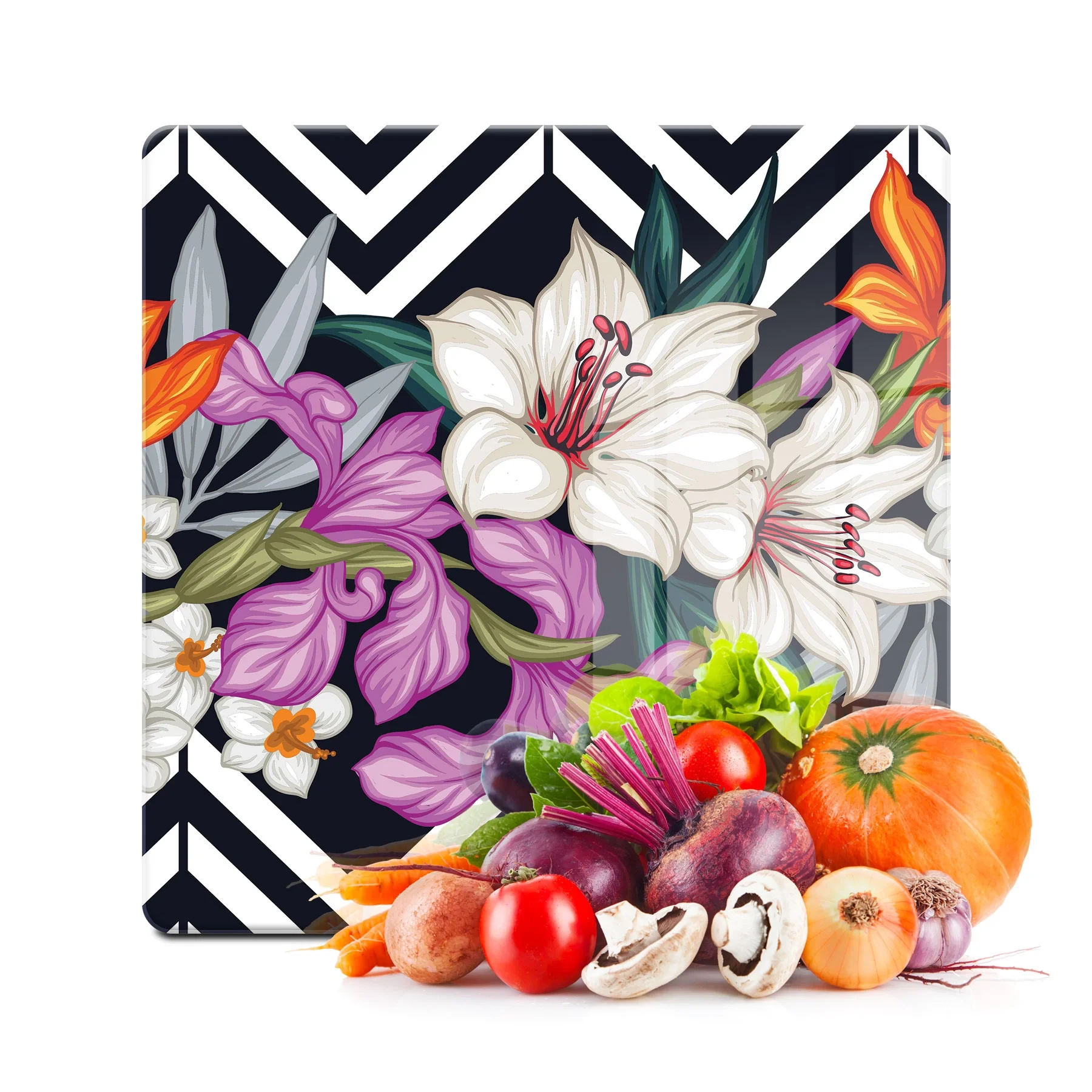 Decovetro Cam Kesme Tahtası ve Sunumluk Kare Karışık Çiçek Desenli 30x30 Cm