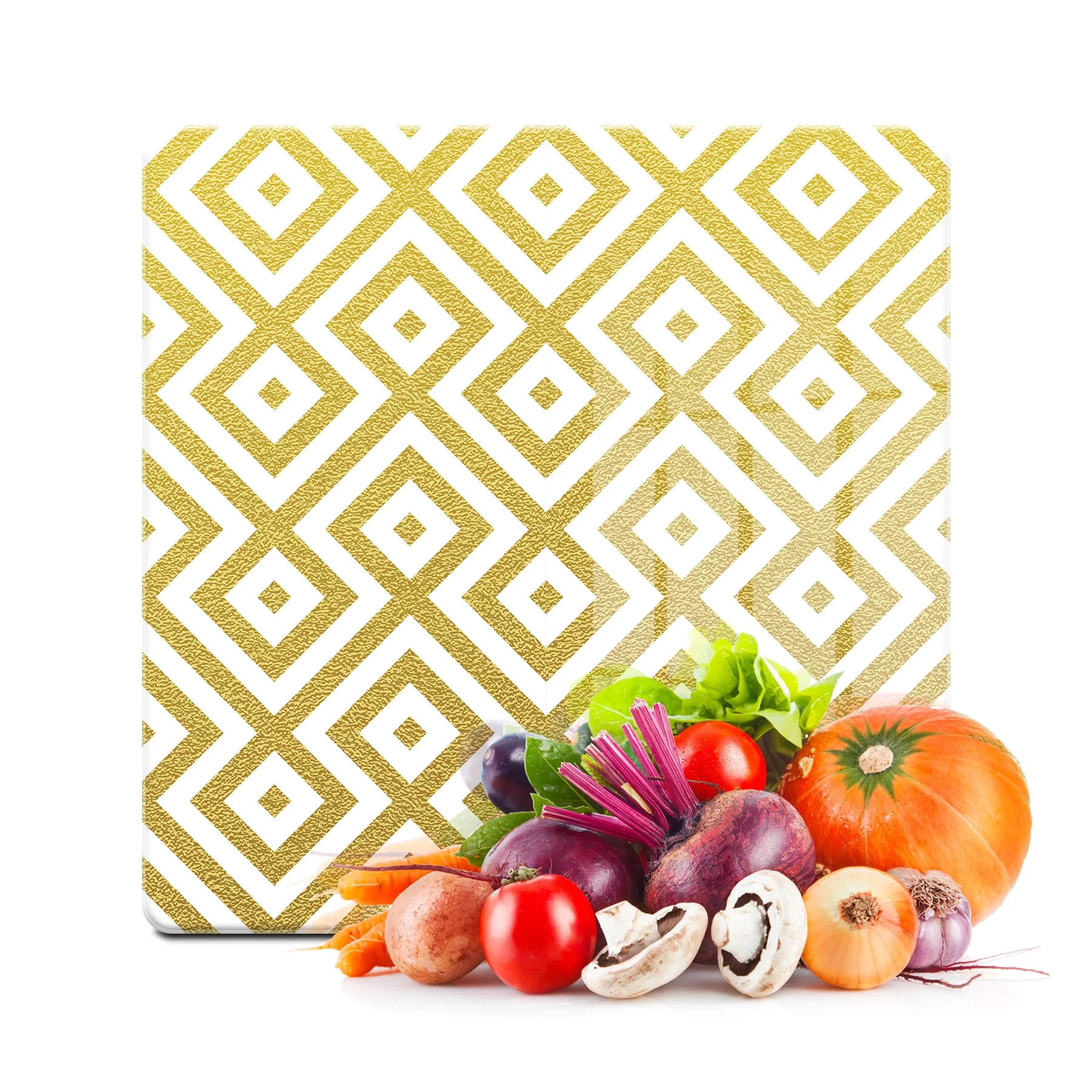 Decovetro Cam Kesme Tahtası ve Sunumluk Kare Gold Geometrik Desenli 30x30 Cm