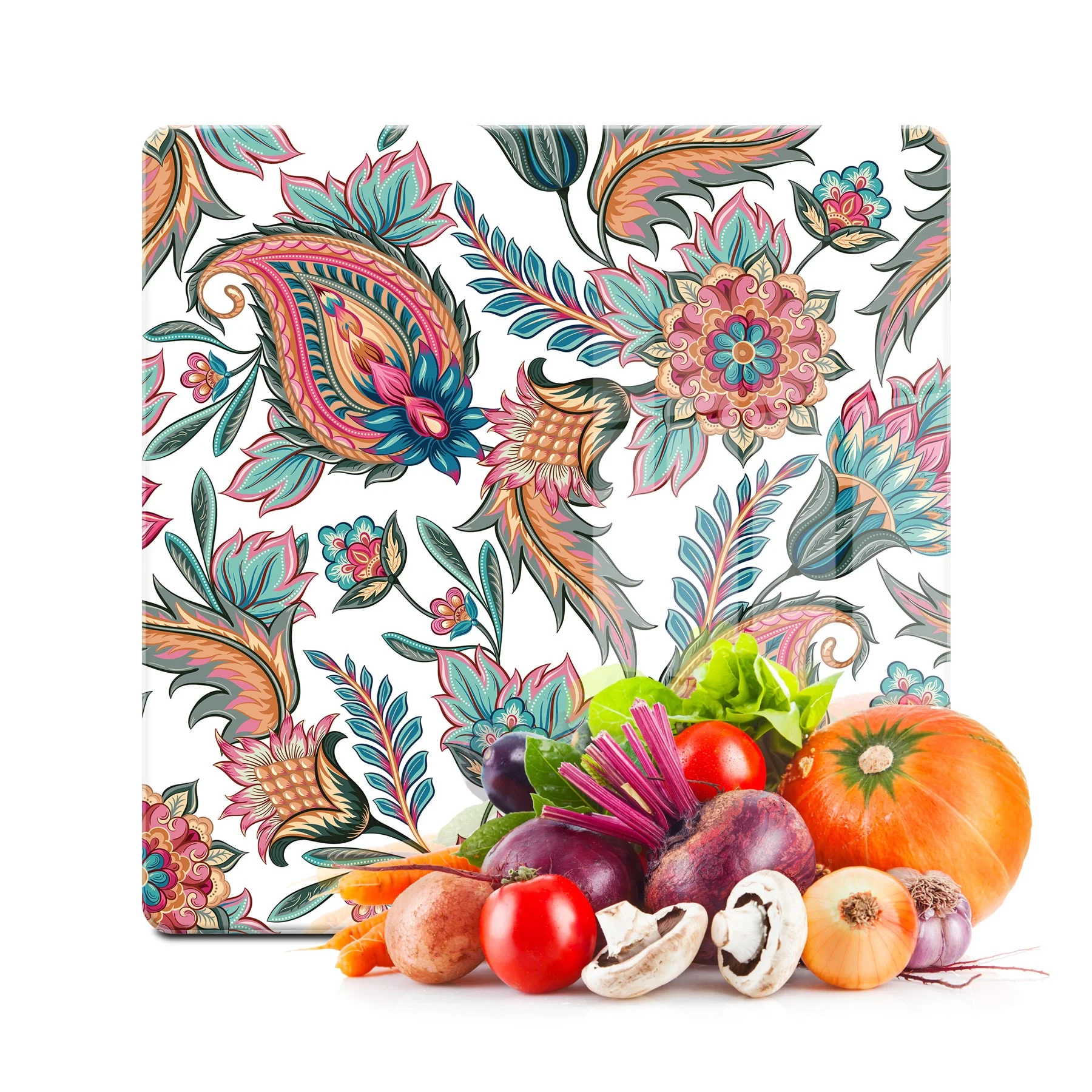 Decovetro Cam Kesme Tahtası ve Sunumluk Kare Karışık Çiçek Desenli 30x30 Cm