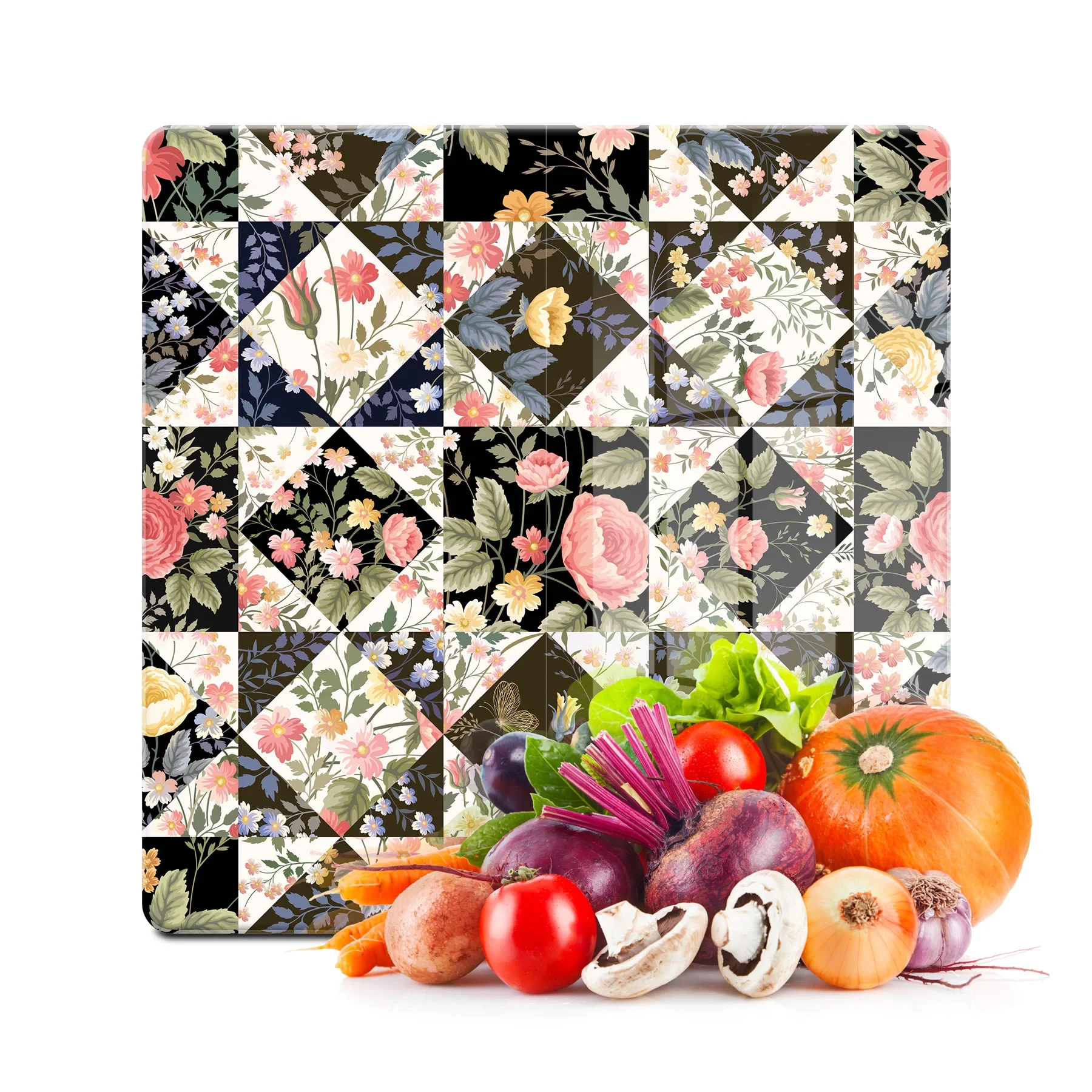 Decovetro Cam Kesme Tahtası ve Sunumluk Kare Karışık Çiçek Desenli 30x30 Cm