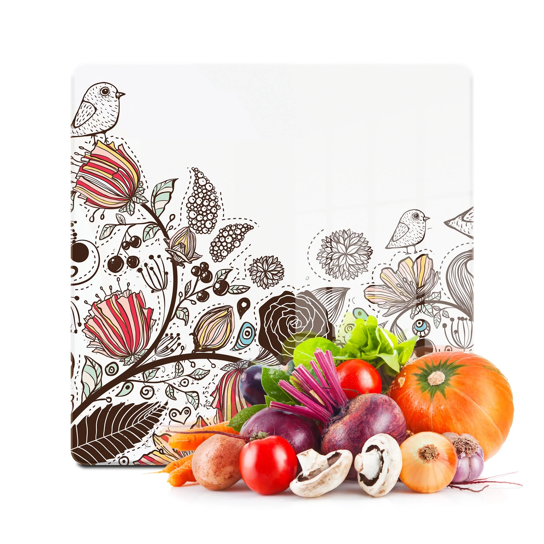 Decovetro Cam Kesme Tahtası ve Sunumluk Kare Vintage Çizgi Çiçek Desenli 30x30 Cm