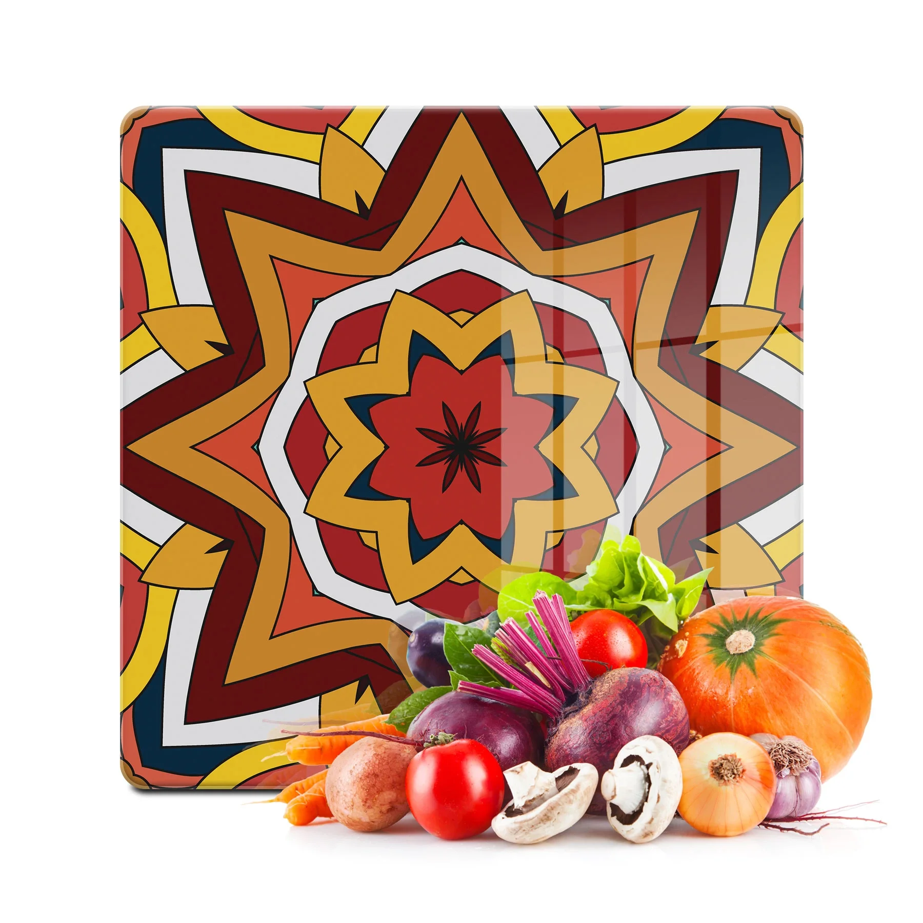 Decovetro Cam Kesme Tahtası ve Sunumluk Kare DV277 Mandala Desenli 30x30 Cm
