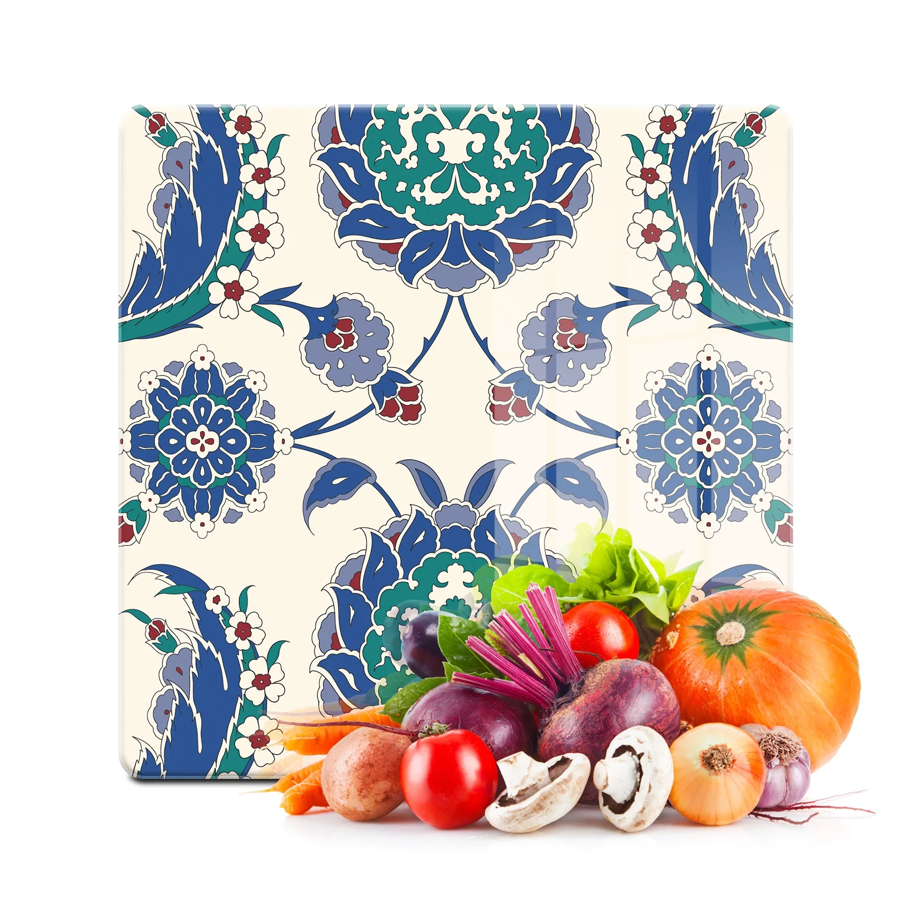 Decovetro Cam Kesme Tahtası ve Sunumluk Kare Mavi Çini Desenli 30x30 Cm