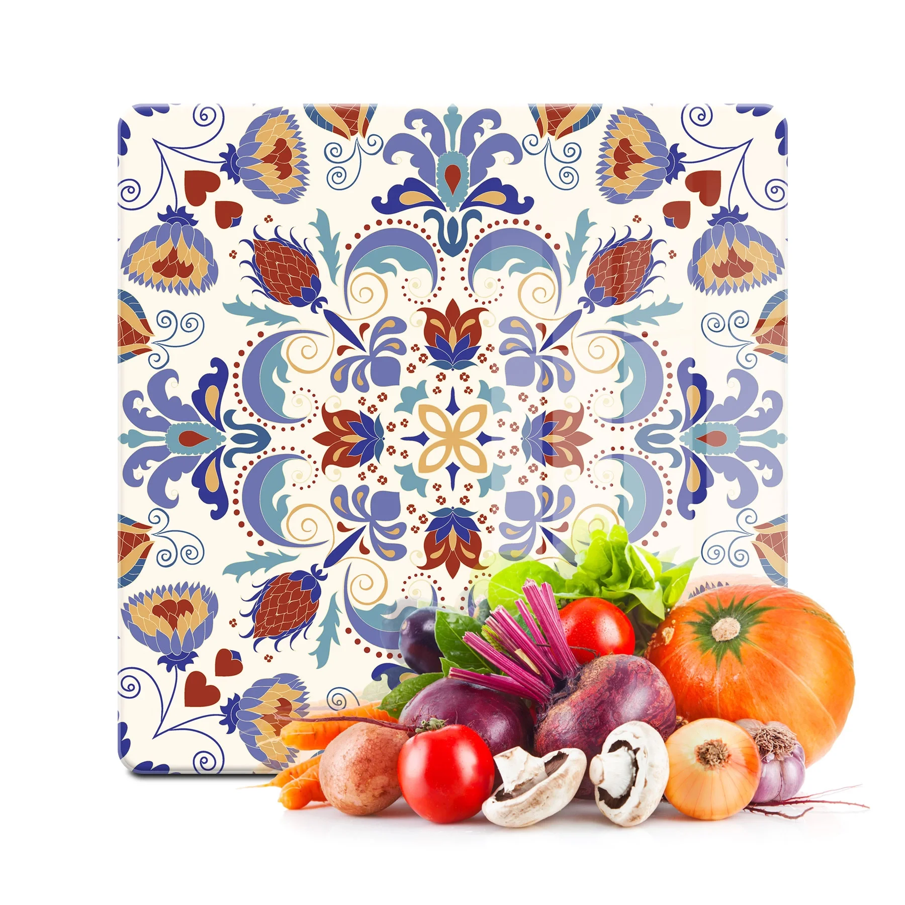 Decovetro Cam Kesme Tahtası ve Sunumluk Kare Çini Motifi Desenli 30x30 Cm