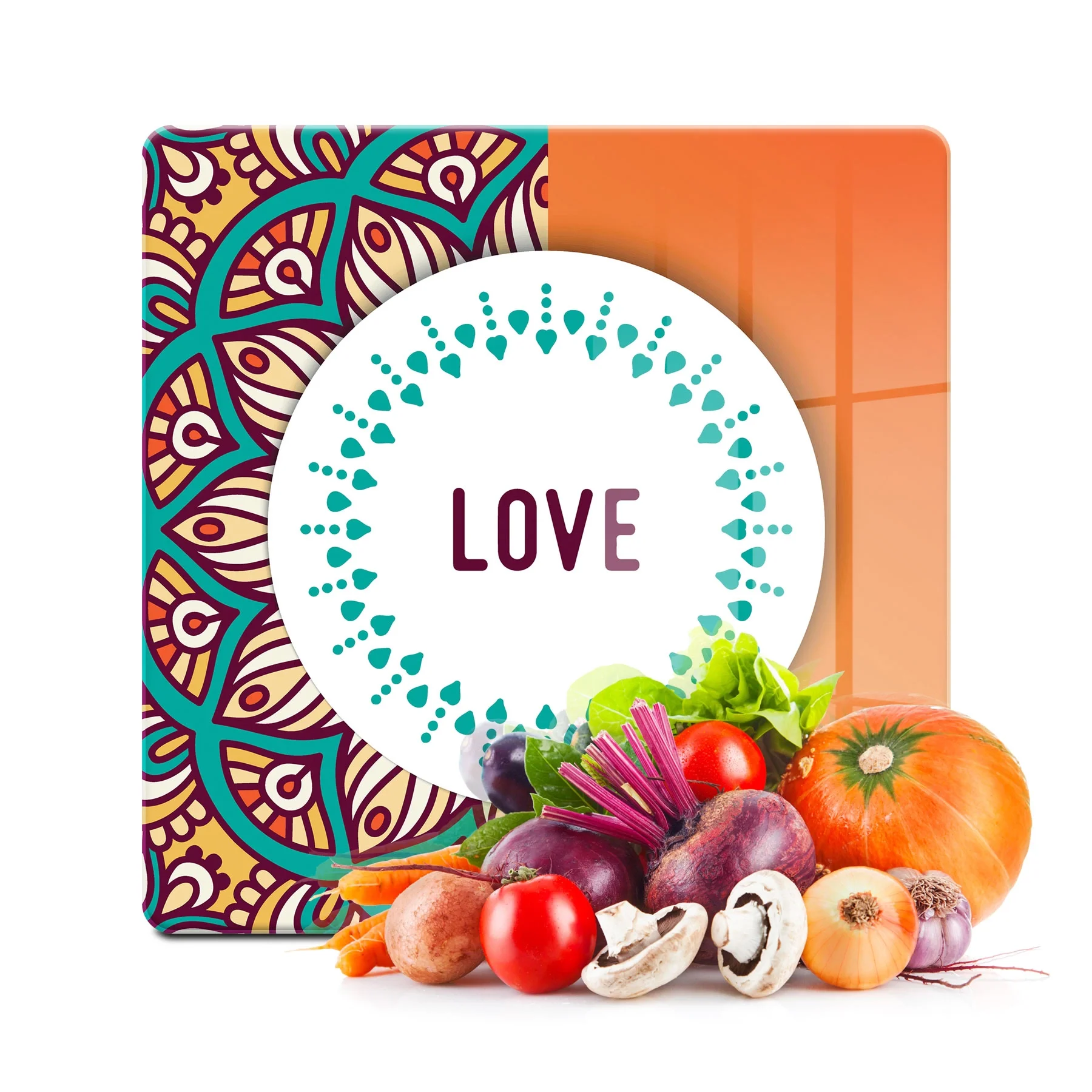 Decovetro Cam Kesme Tahtası ve Sunumluk Kare Love Mandala Desenli 30x30 Cm