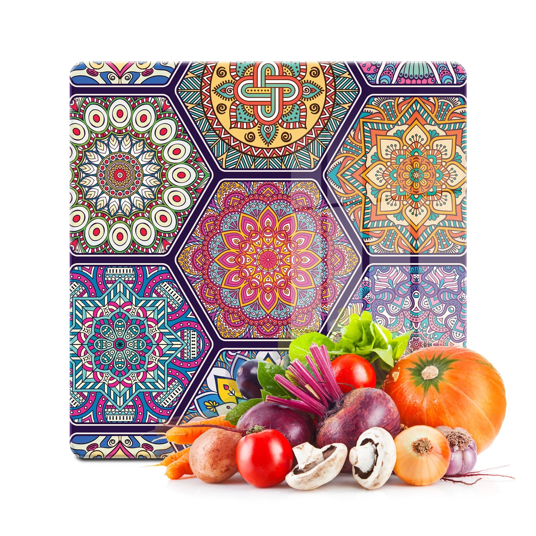 Decovetro Cam Kesme Tahtası ve Sunumluk Kare Altıgen Mandala Desenli 30x30 Cm