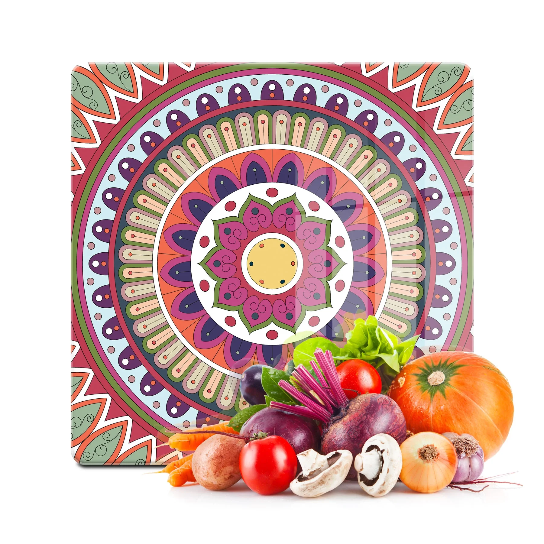 Decovetro Cam Kesme Tahtası ve Sunumluk Kare Mandala Desenli 1313 30x30 Cm