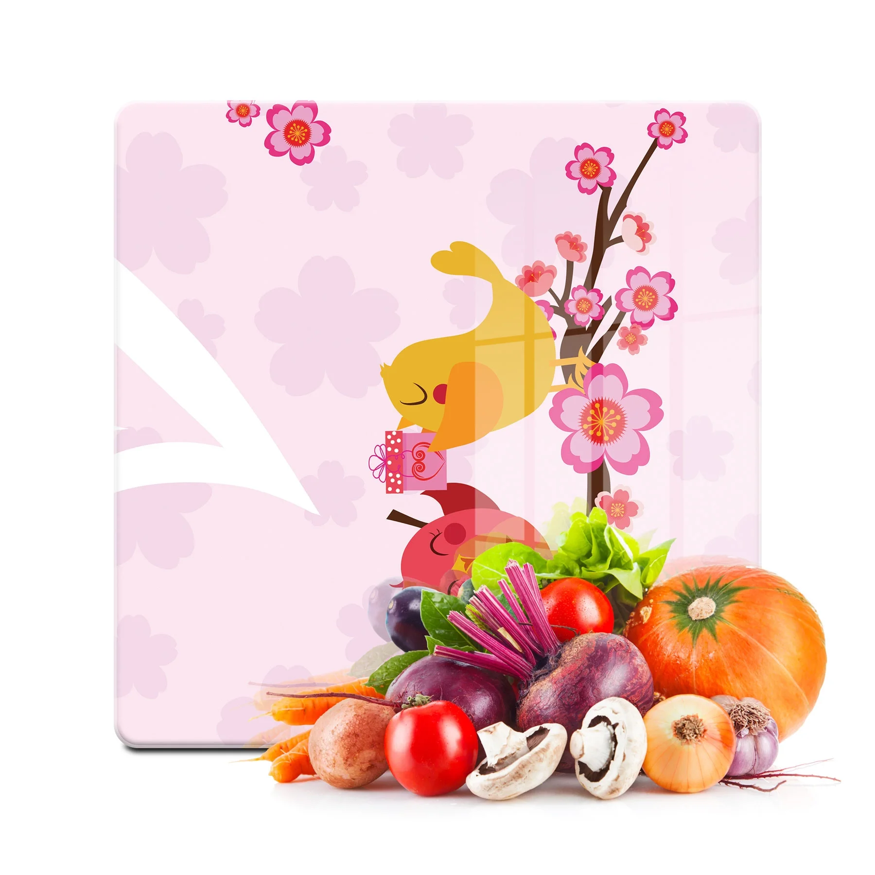 Decovetro Cam Kesme Tahtası ve Sunumluk Kare Kuş Çiçek Desenli 30x30 Cm
