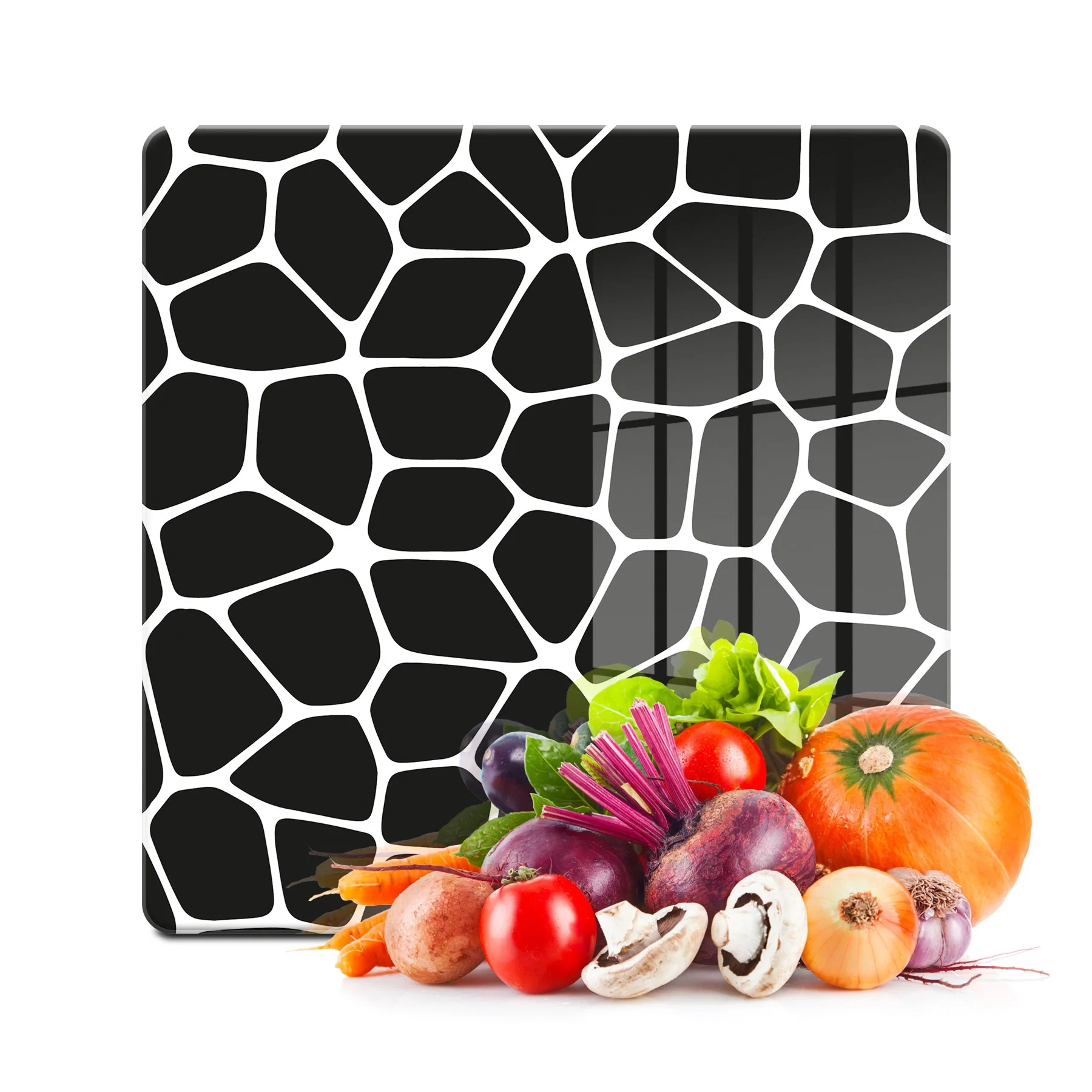 Decovetro Cam Kesme Tahtası ve Sunumluk Kare Siyah Geometrik Desenli 30x30 Cm