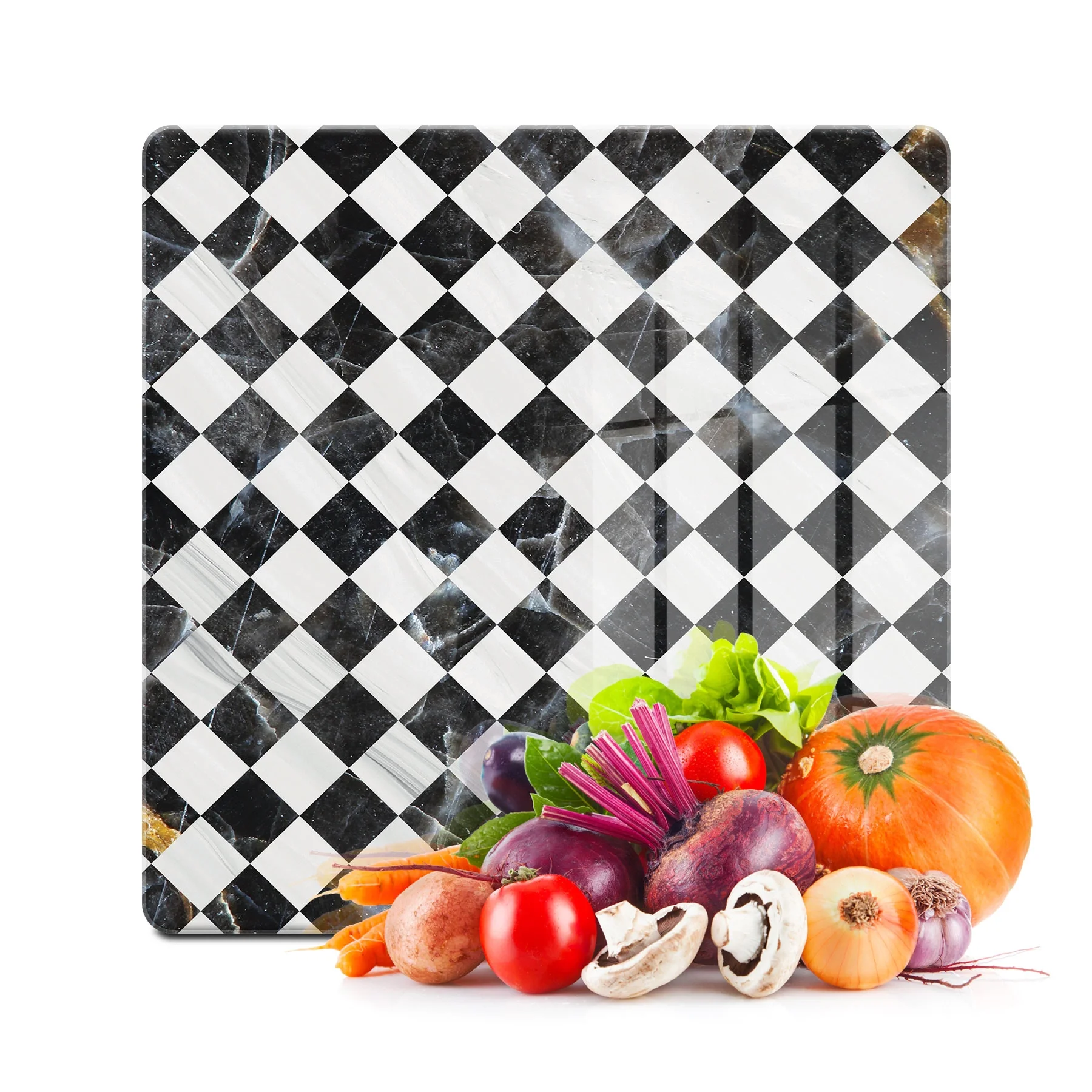 Decovetro Cam Kesme Tahtası ve Sunumluk Kare Siyah Beyaz Dama Desenli 30x30 Cm
