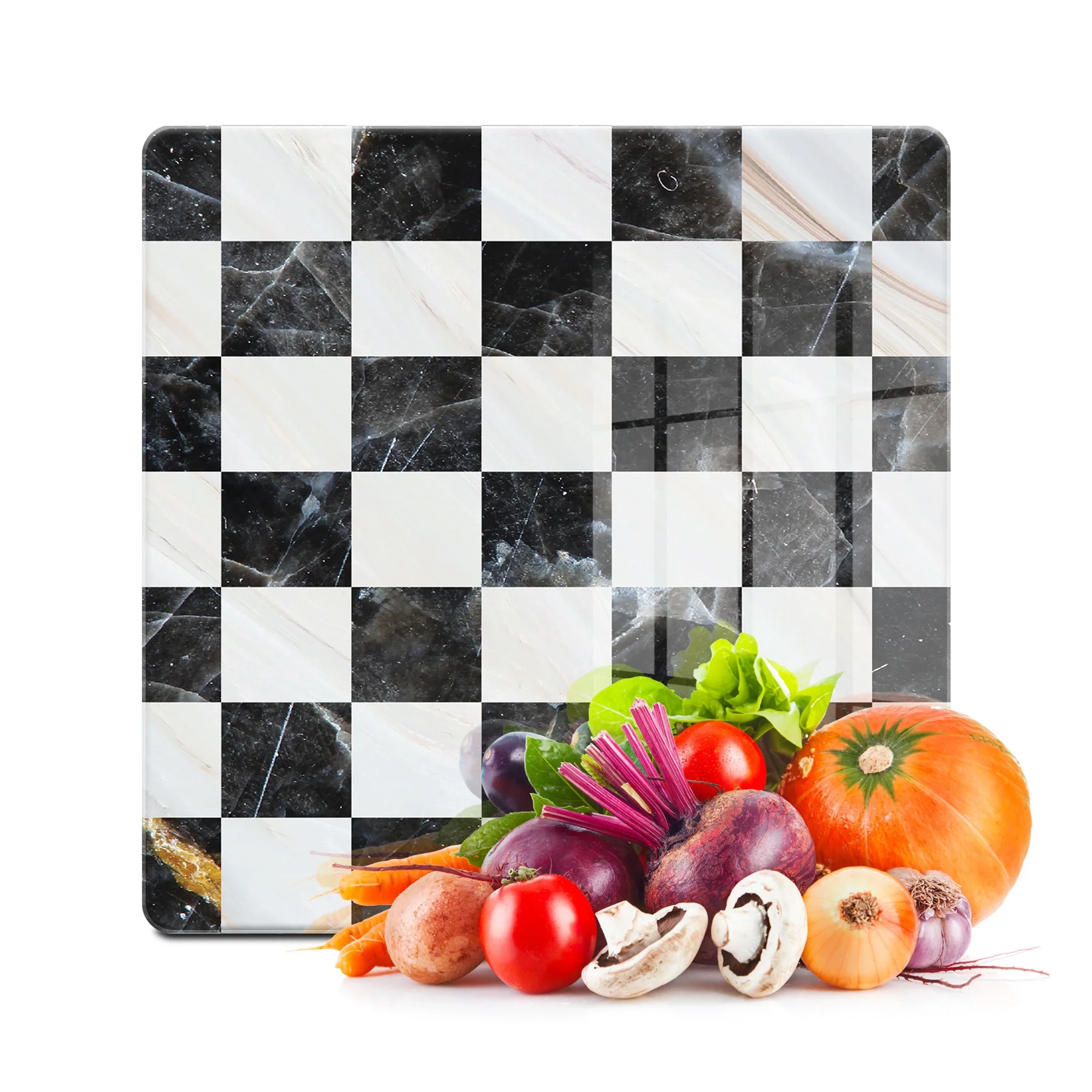 Decovetro Cam Kesme Tahtası ve Sunumluk Kare Siyah Beyaz Desenli 30x30 Cm