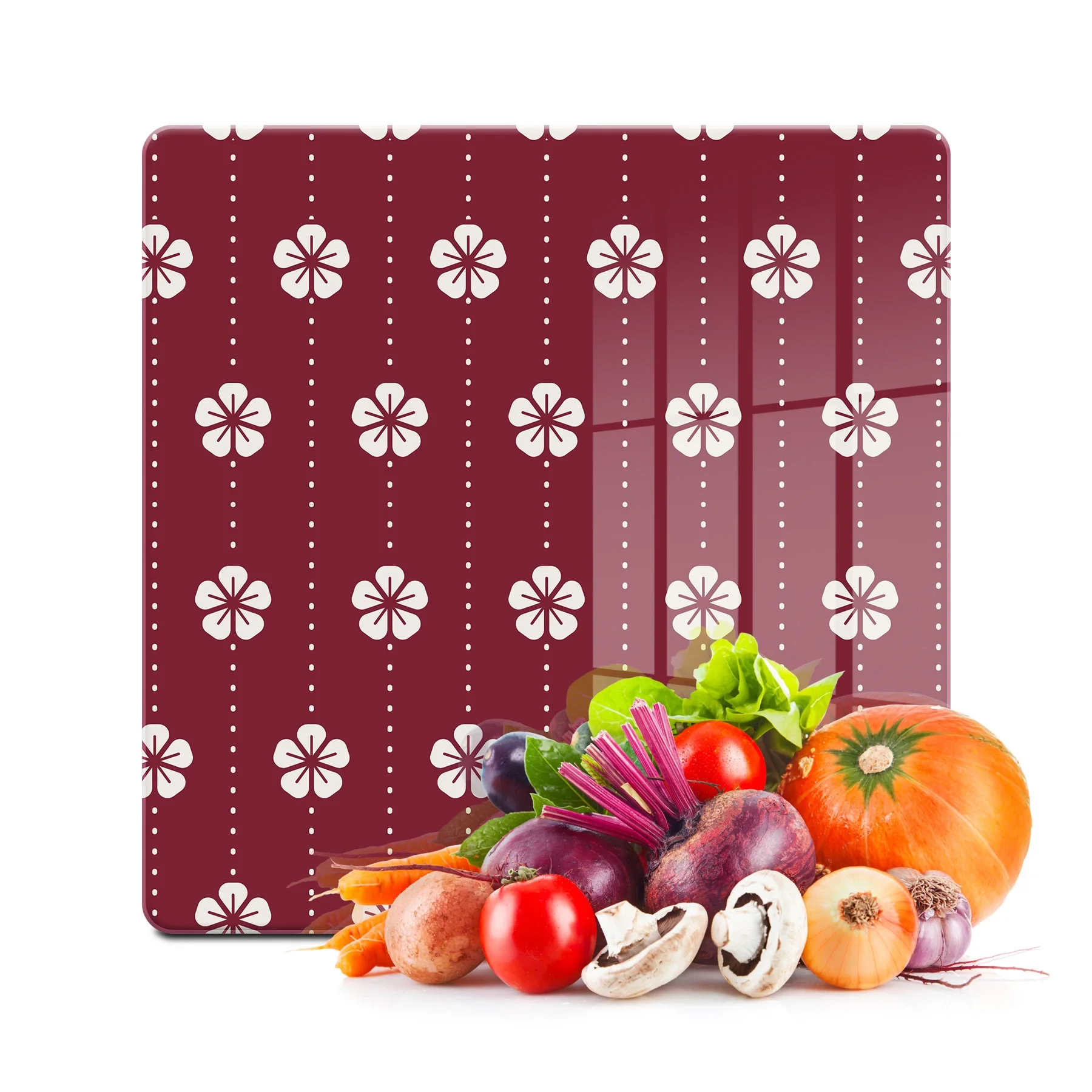 Decovetro Cam Kesme Tahtası ve Sunumluk Kare Beyaz Çiçek Desenli 30x30 Cm