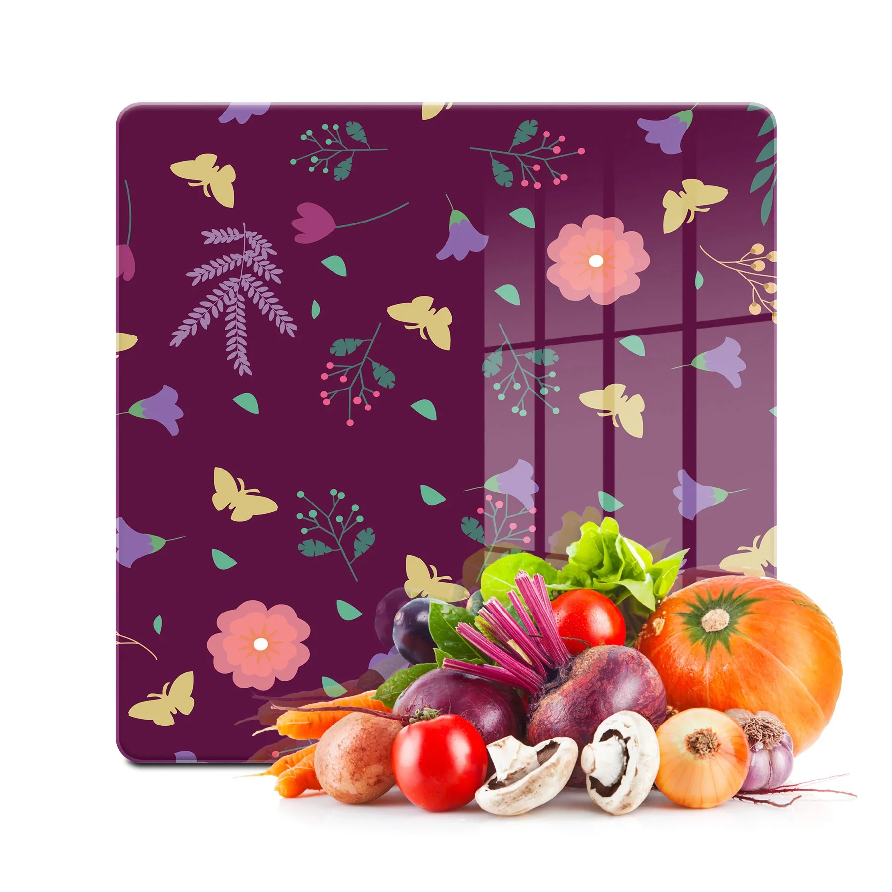 Decovetro Cam Kesme Tahtası ve Sunumluk Kare Mor Sarı Kelebek Çiçek Desenli 30x30 Cm