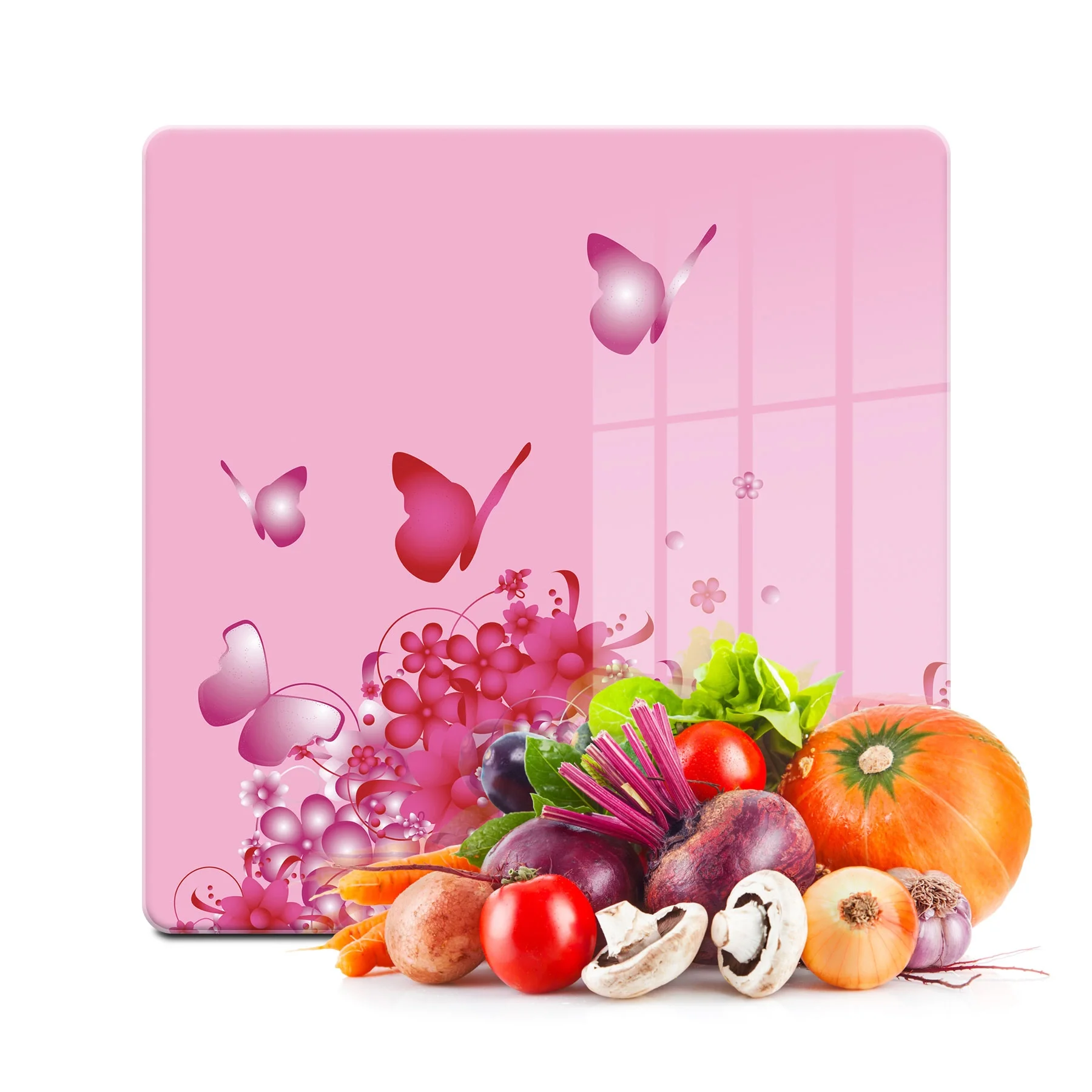 Decovetro Cam Kesme Tahtası ve Sunumluk Kare Pembe Kelebek Desenli 30x30 Cm
