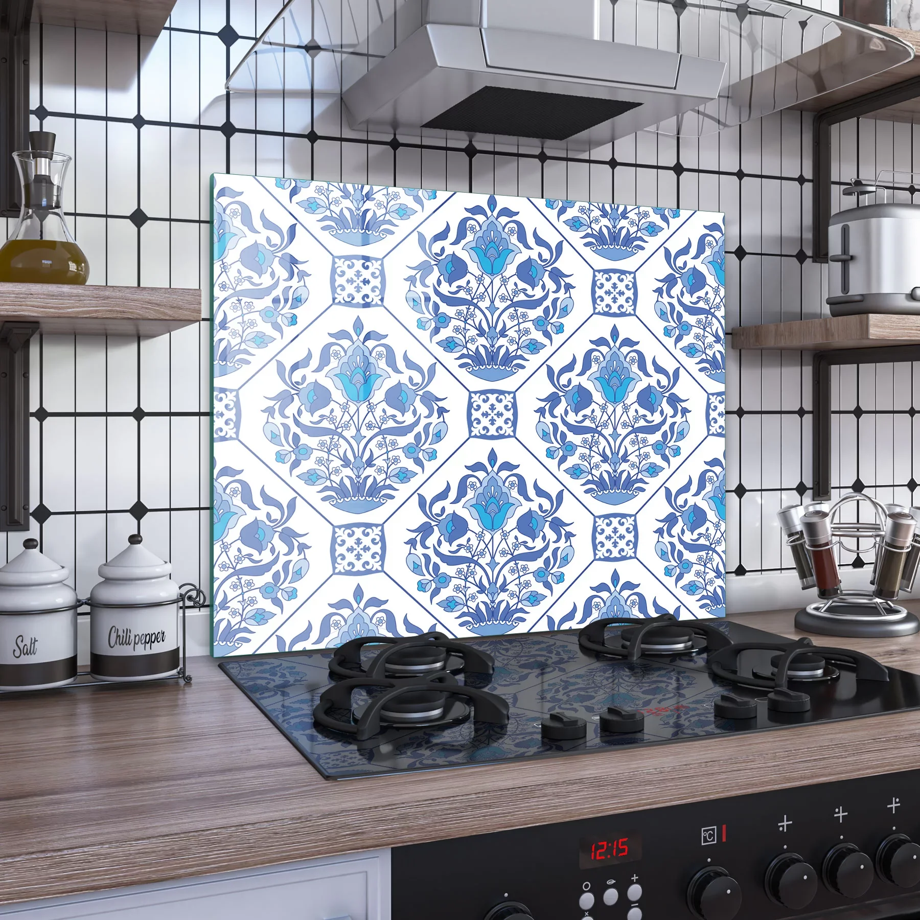 Decovetro Ocak Arkası Koruyucu Cam Mavi Çiçek Desenli 60x52cm