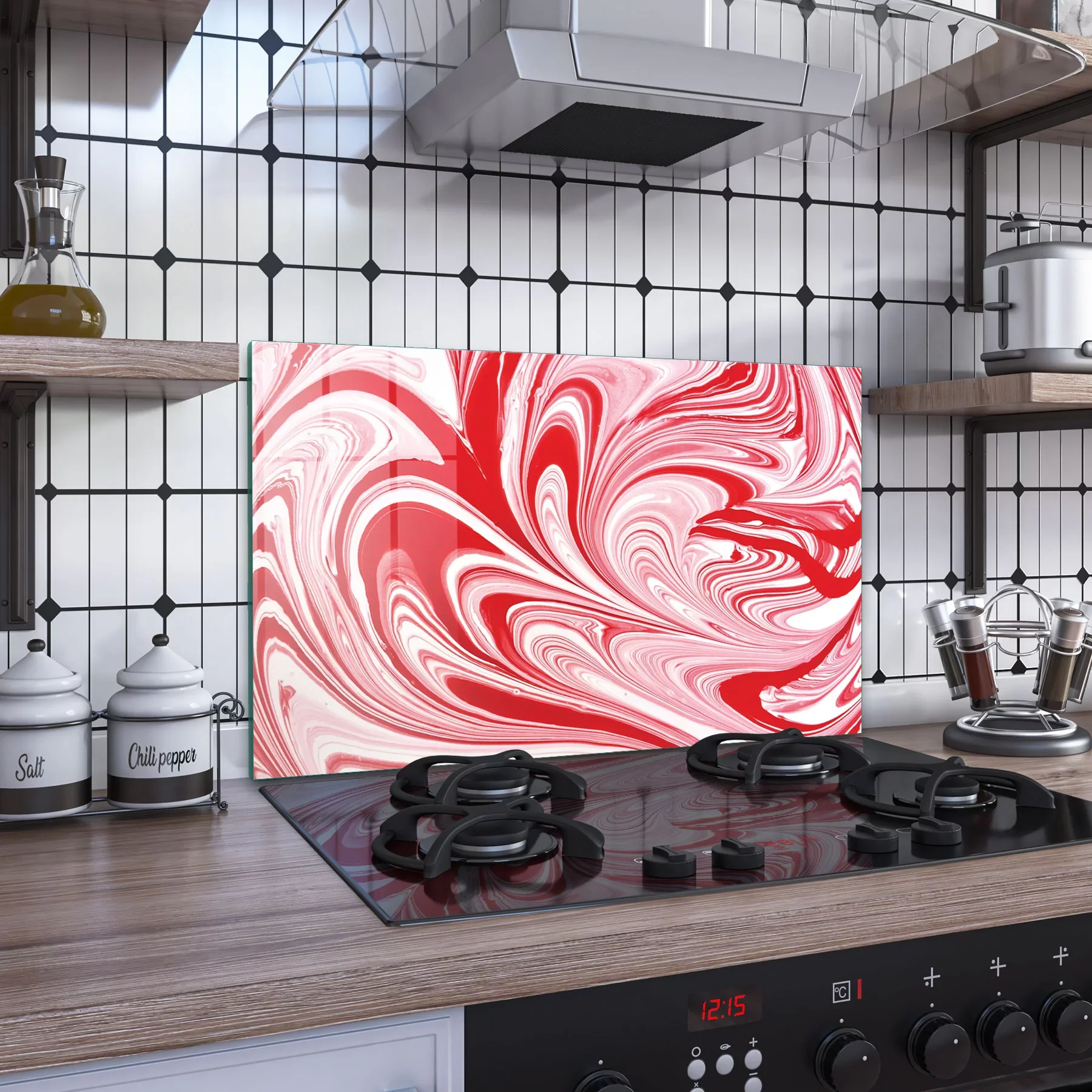 Decovetro Ocak Arkası Koruyucu Cam Kırmızı Ebru Desenli 76x50cm