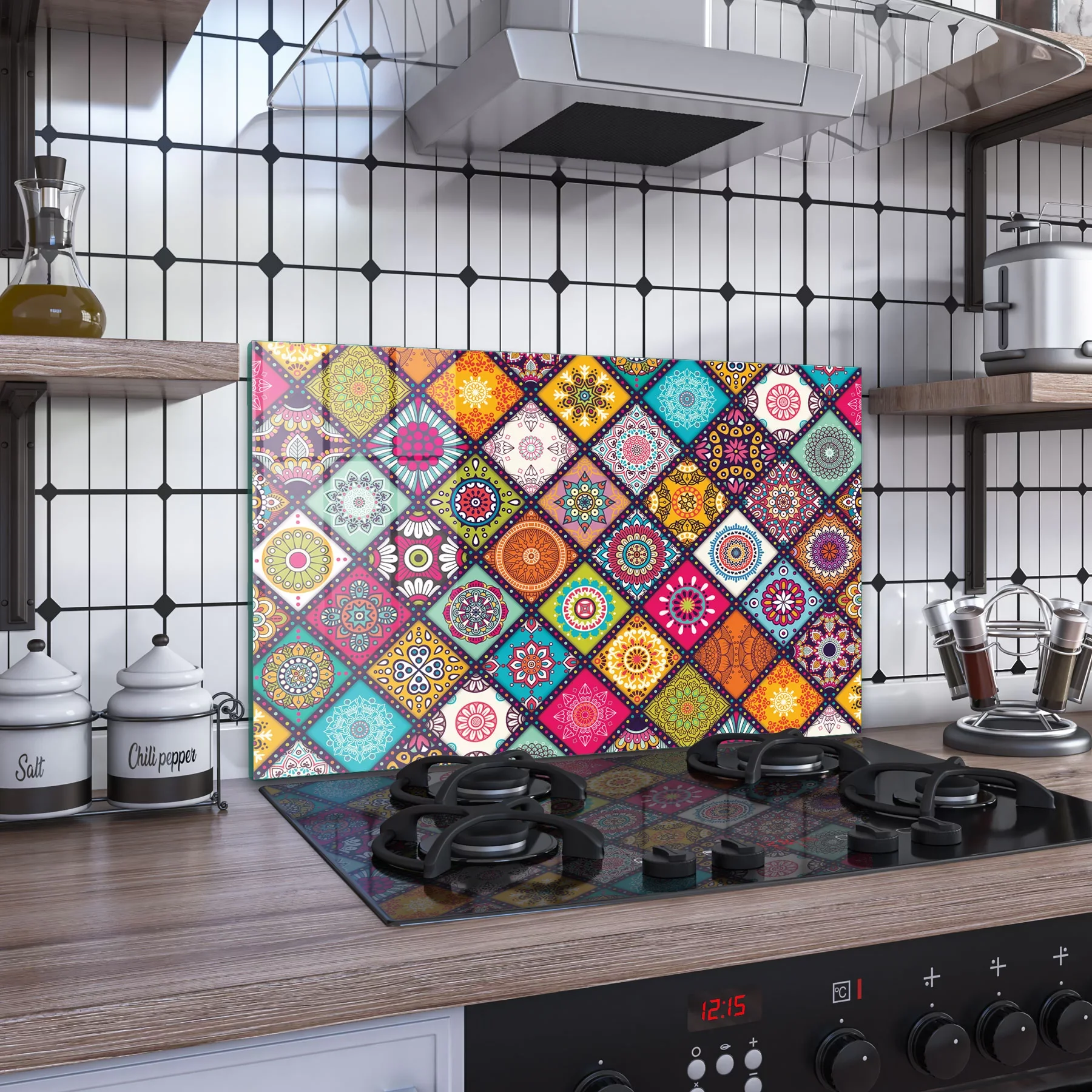 Decovetro Ocak Arkası Koruyucu Cam Renkli Mandala Desenli 76x50cm