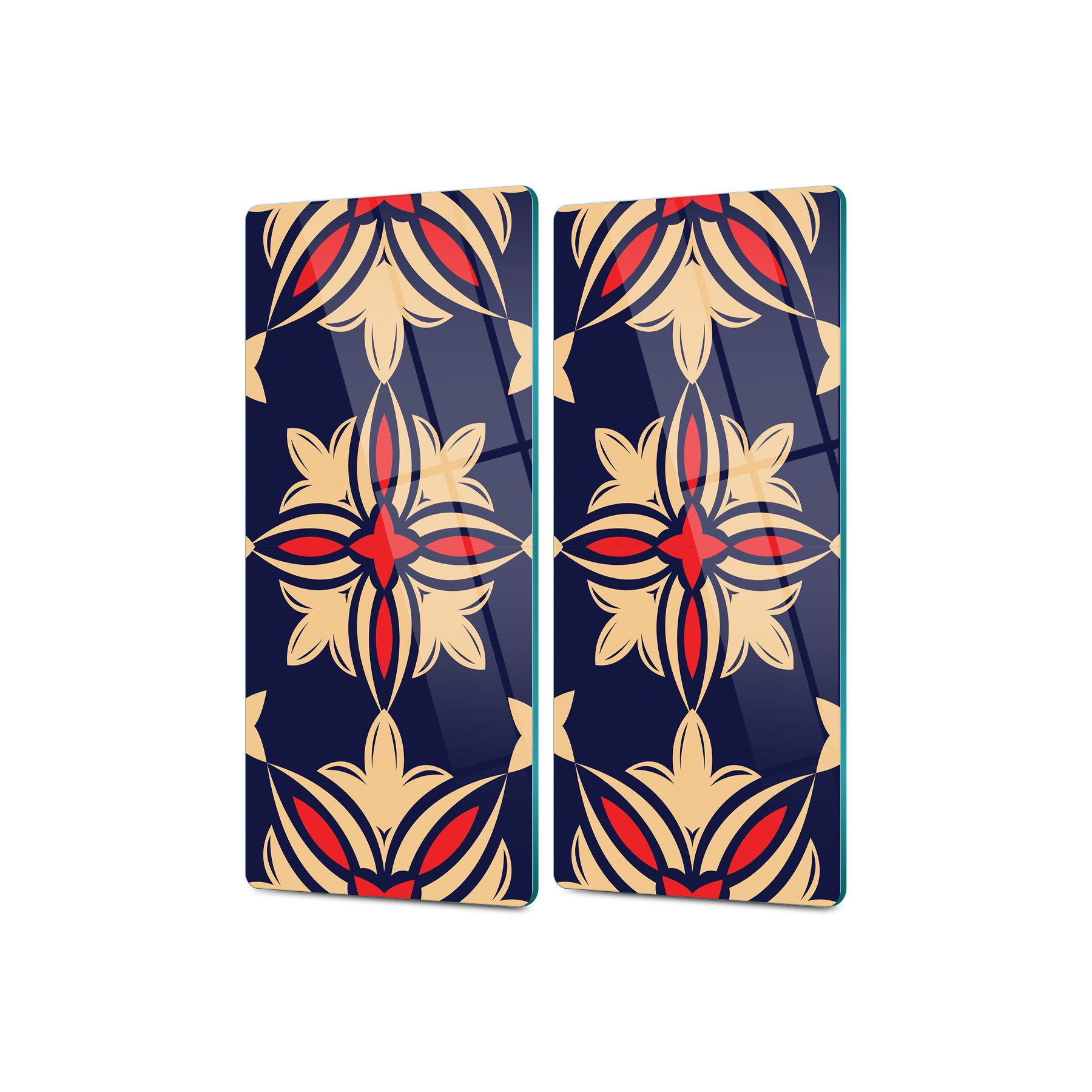 Decovetro Cam Kahve Sofra Sunum Tablası 2'li Set Mavi Kırmızı Çini Desenli 30 x 15 Cm