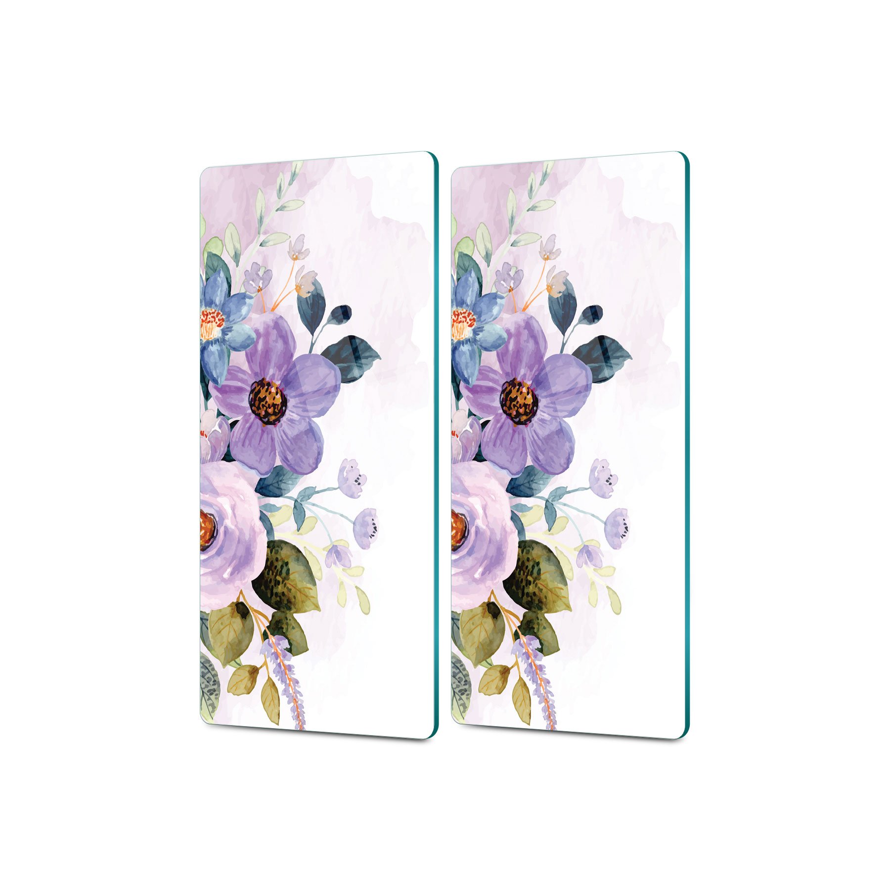 Decovetro Cam Kahve Sofra Sunum Tablası 2'li Suluboya Mor Çiçek Desenli 30 x 15 Cm